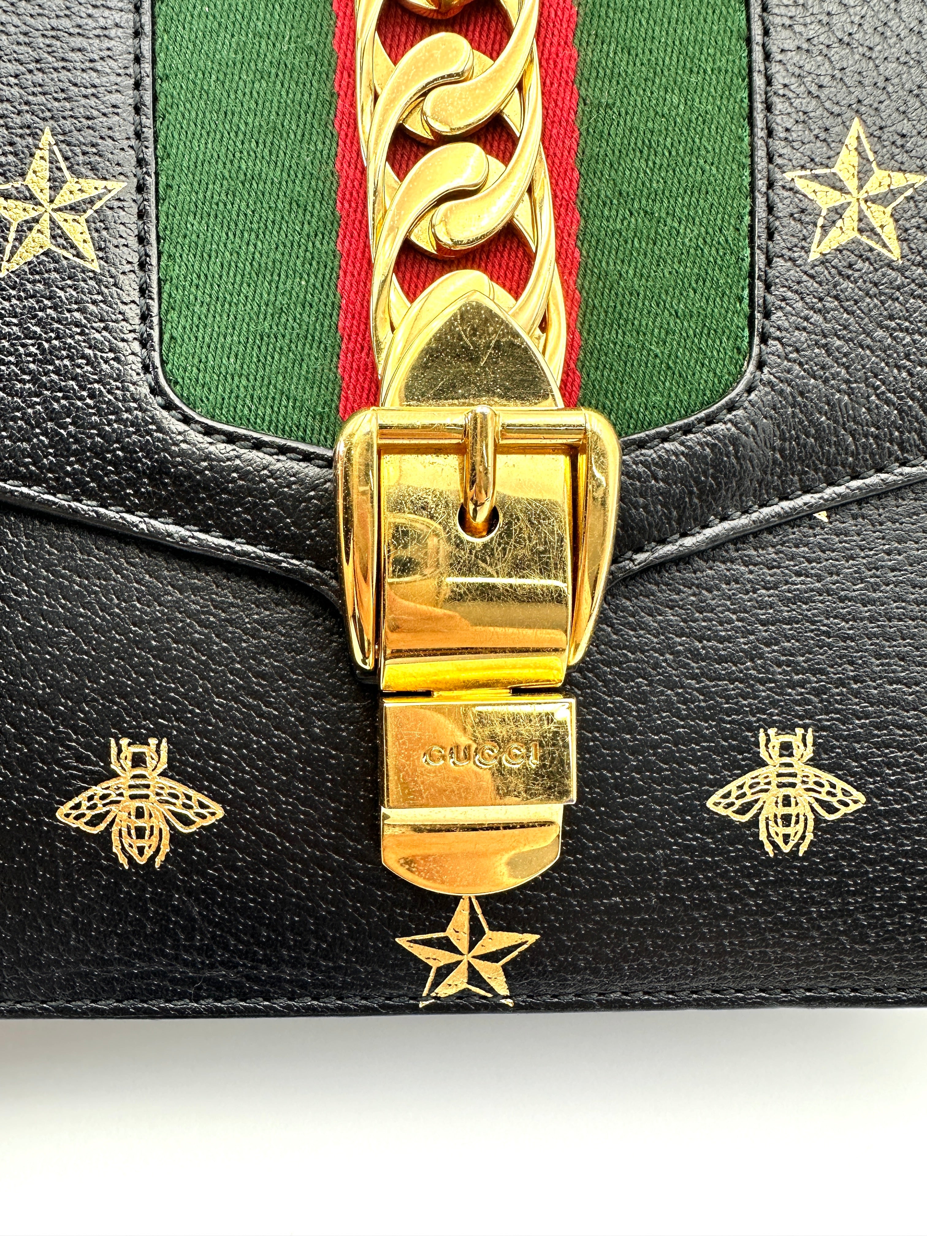 Gucci Sylvie Bee Star Black Leather Small Size Shoulder Bag GG1122