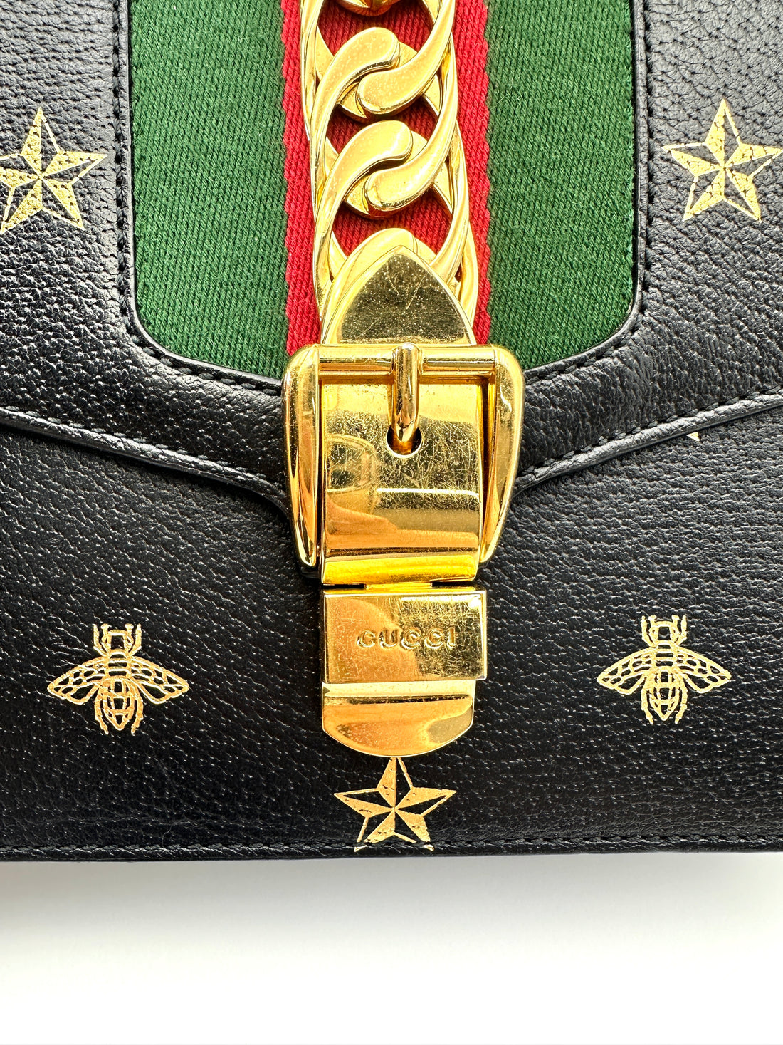 Gucci Sylvie Bee Star Black Leather Small Size Shoulder Bag GG1122
