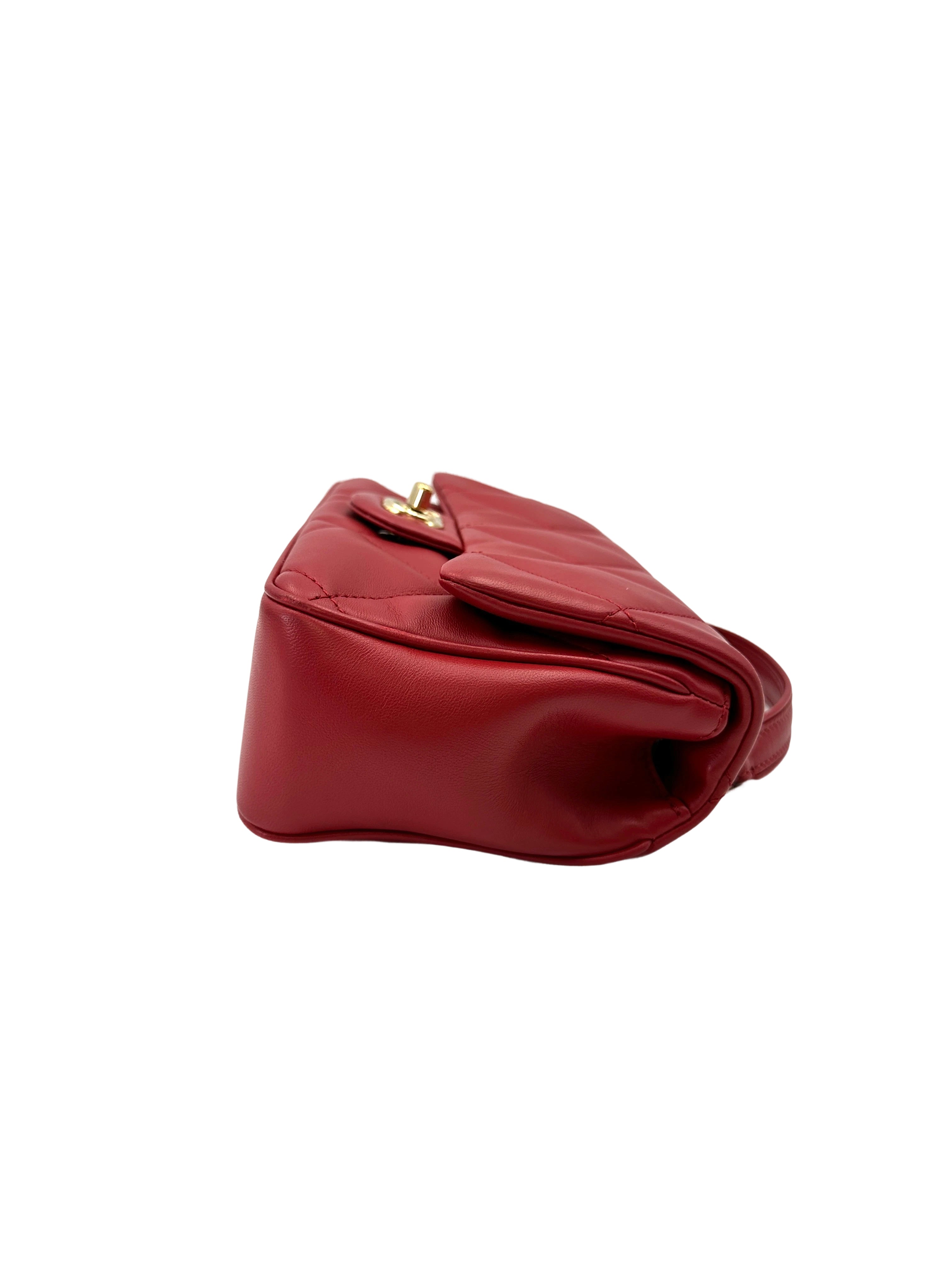 Chanel Classic Flap Red Quilted Lambskin Top Handle Flap Bag With Gold Buckle(28***68) CC2044