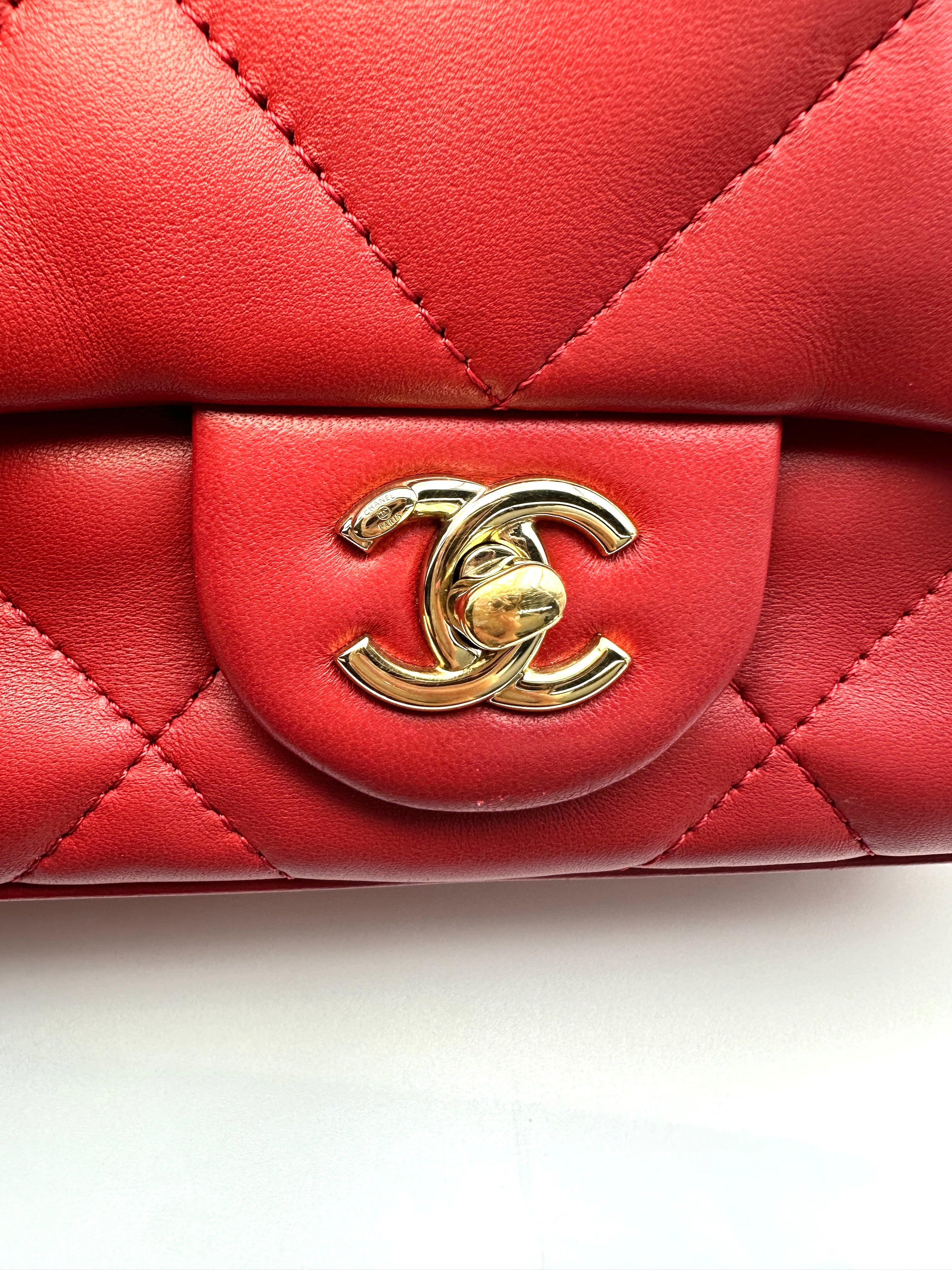 Chanel Classic Flap Red Quilted Lambskin Top Handle Flap Bag With Gold Buckle(28***68) CC2044