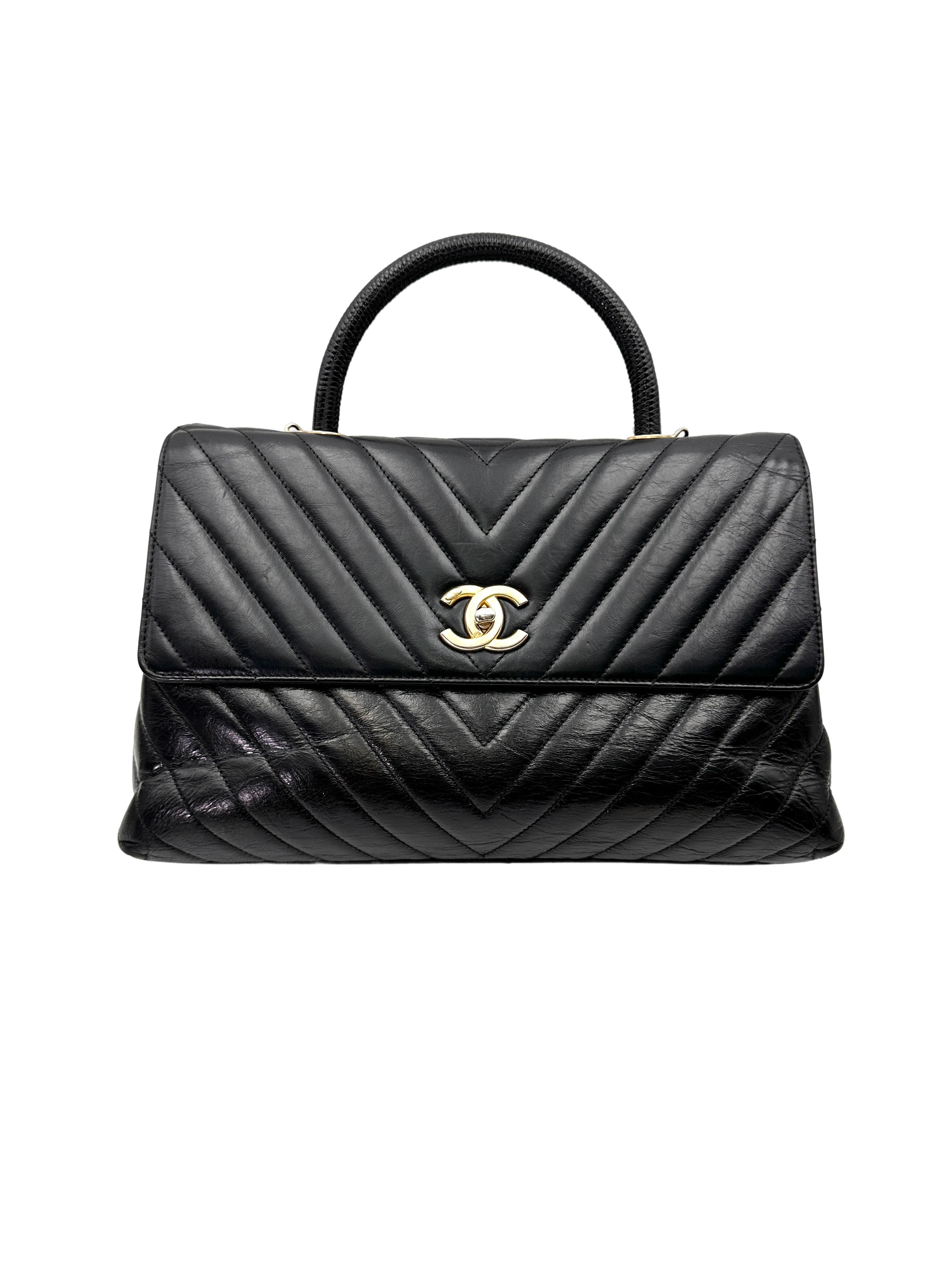 Chanel CoCo Handle Black Chevron Quilted Leather Large Size Shoulder Bag(24***91) CC2043