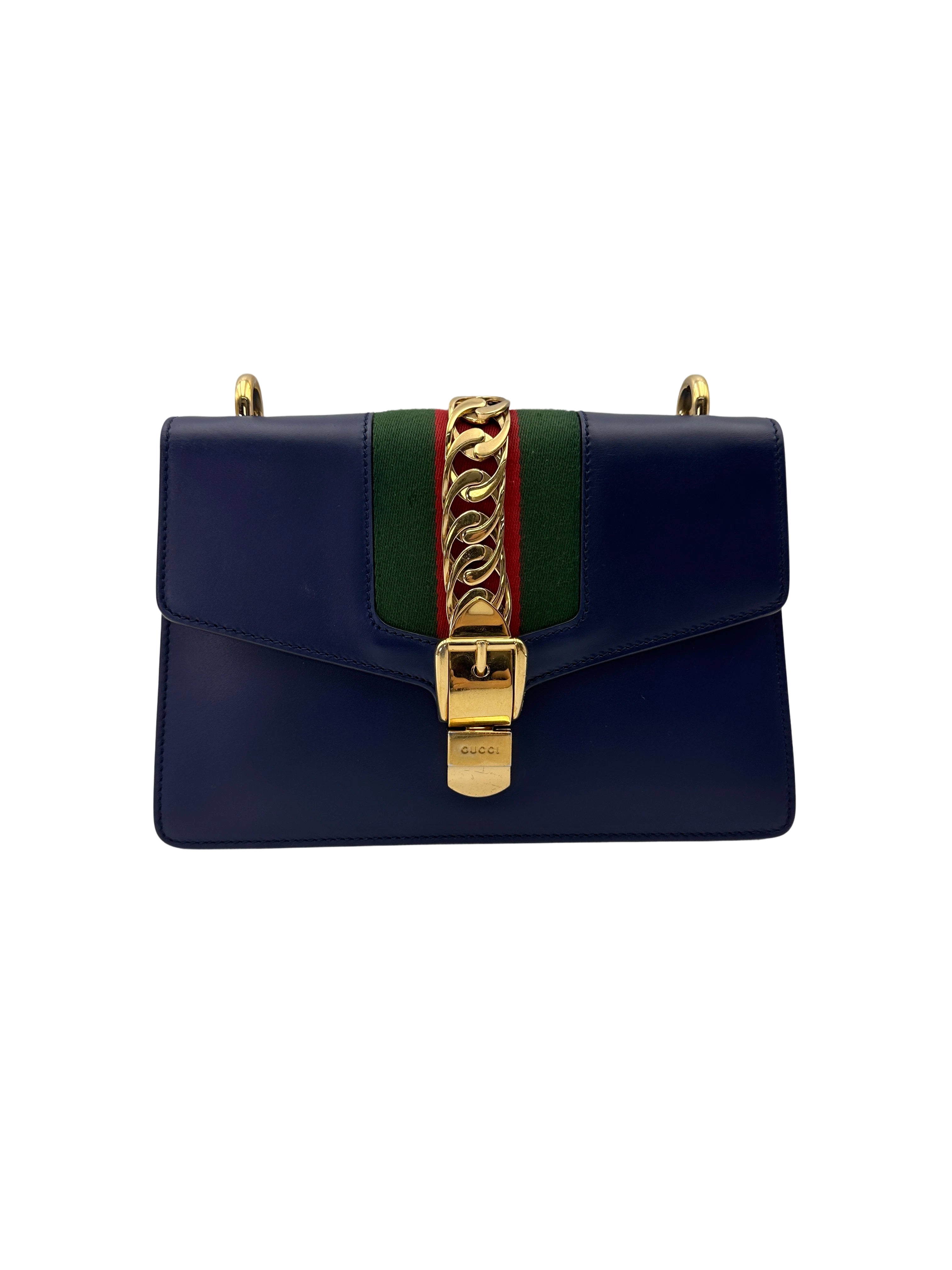 Gucci Sylvie Navy Leather Medium Size Shoulder Bag GG1135