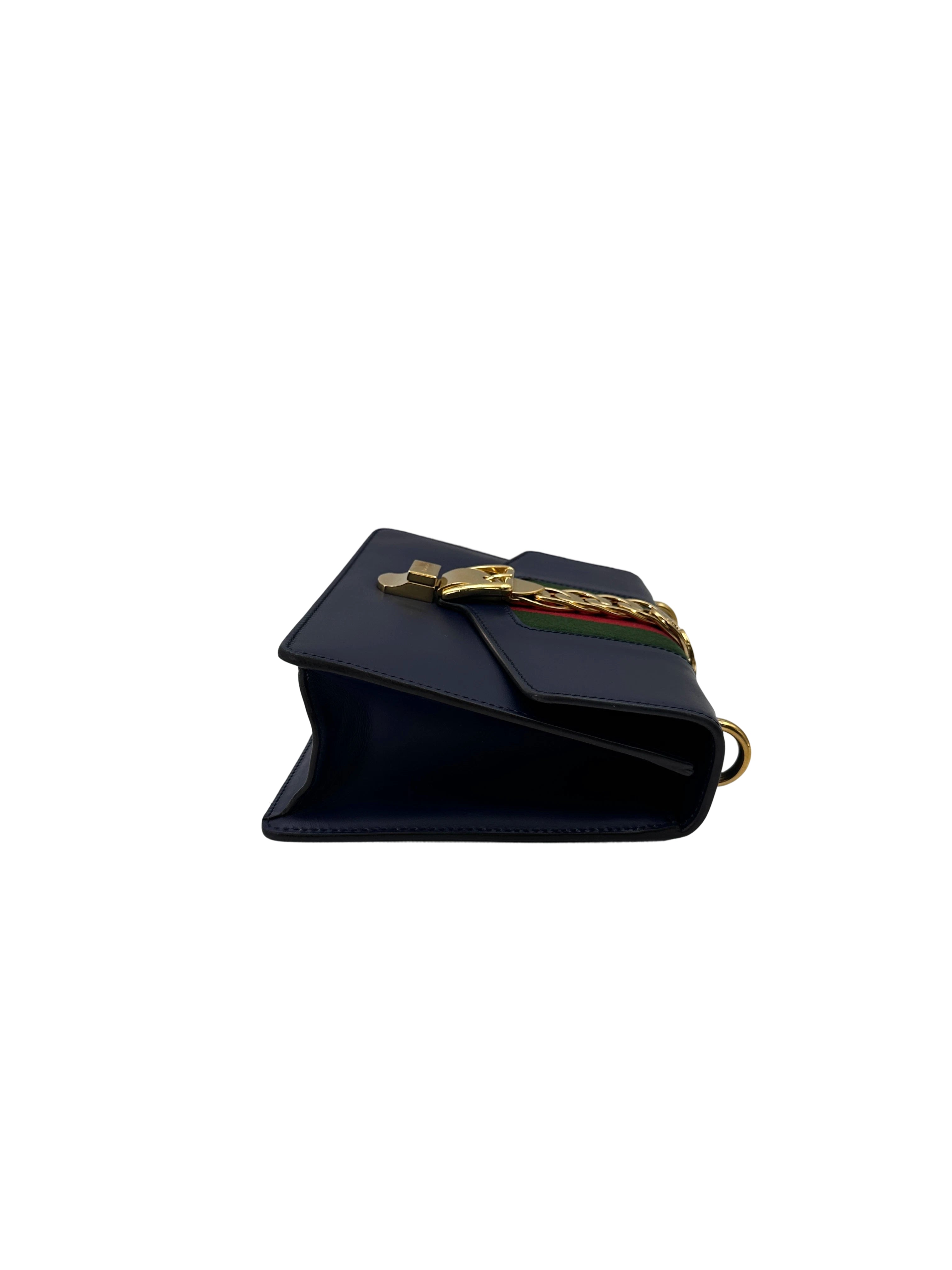 Gucci Sylvie Navy Leather Medium Size Shoulder Bag GG1135