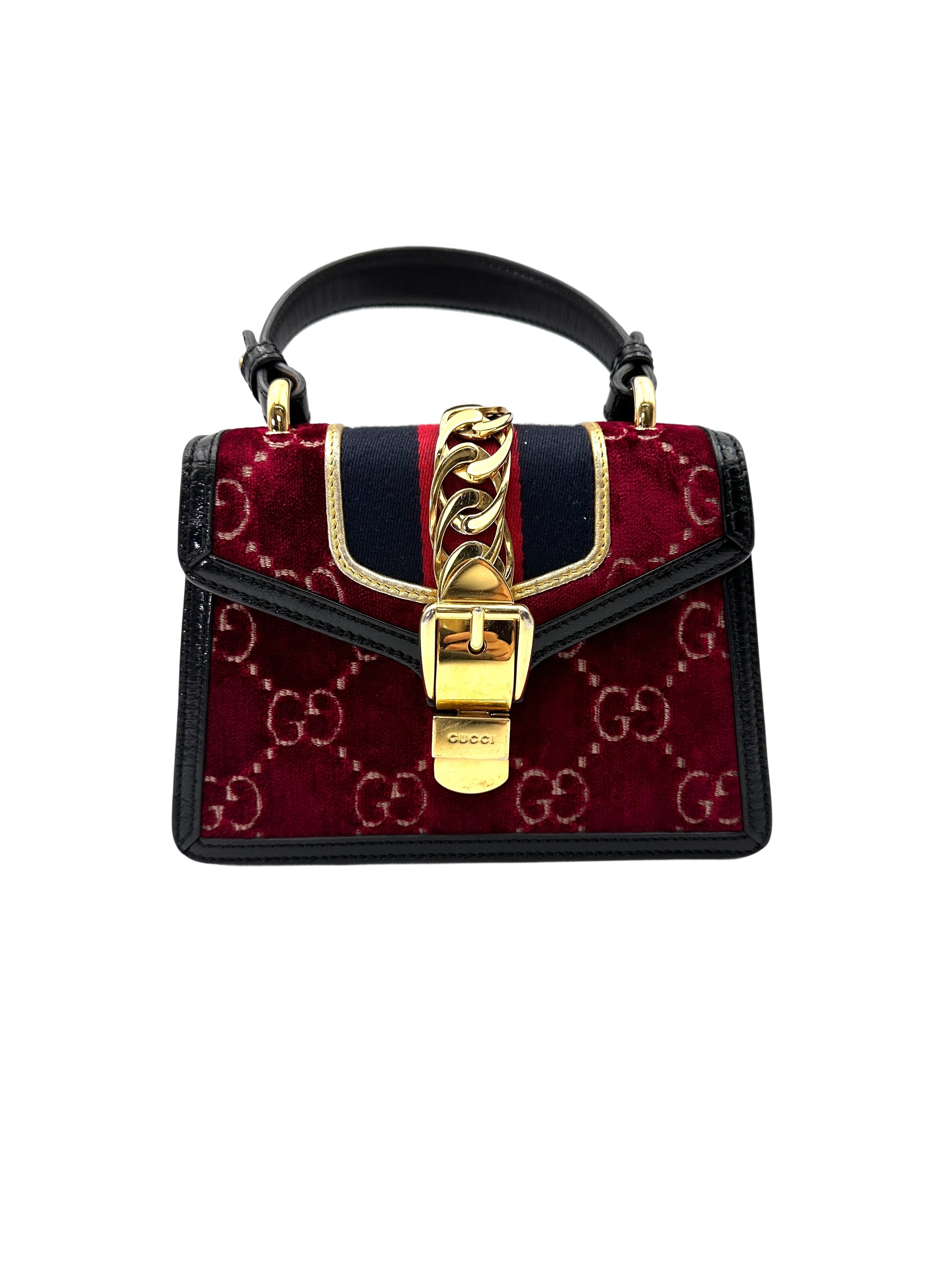 Gucci Sylvie Red Velvet Small Size Top Handle Bag GG1136