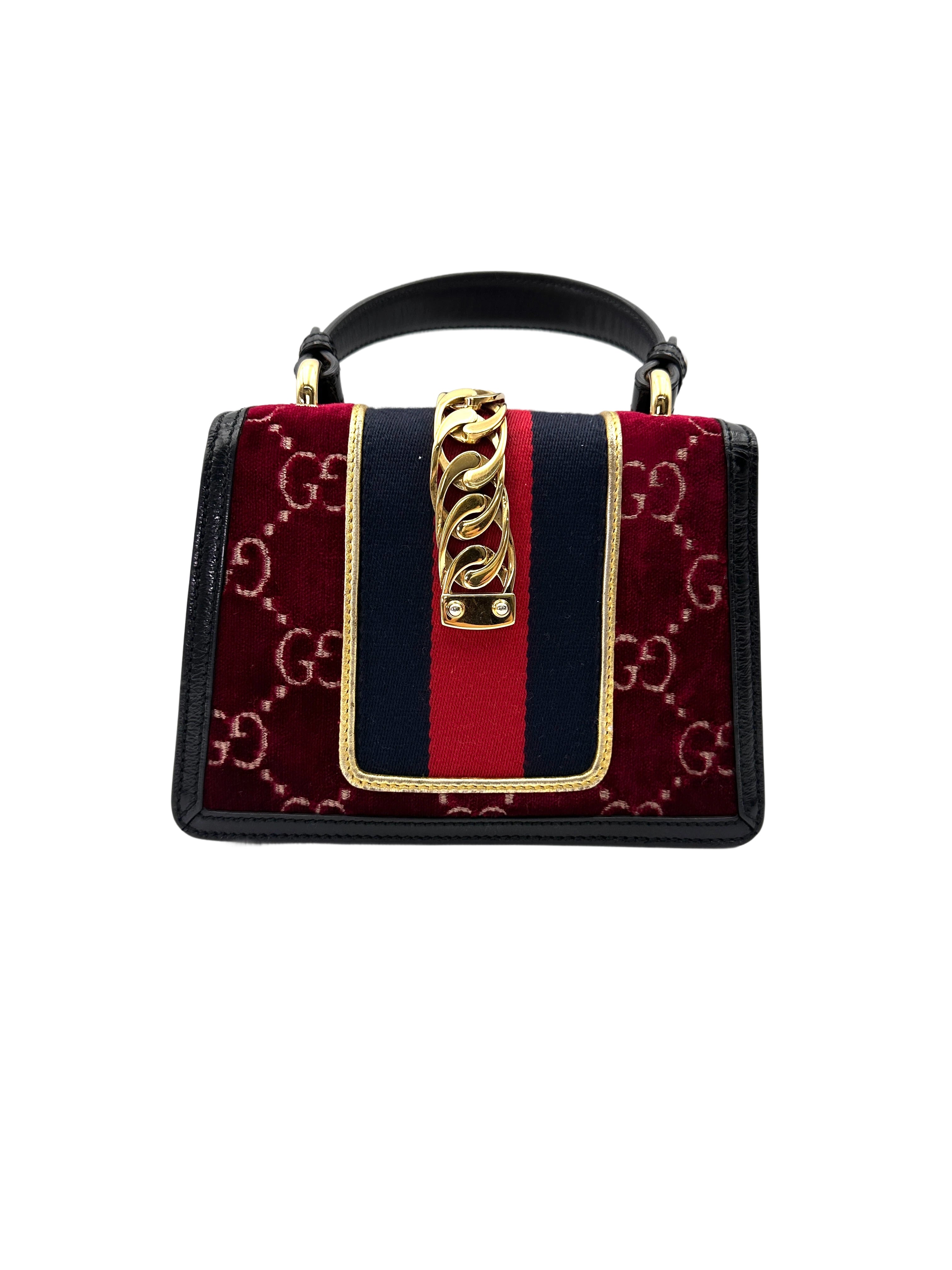 Gucci Sylvie Red Velvet Small Size Top Handle Bag GG1136