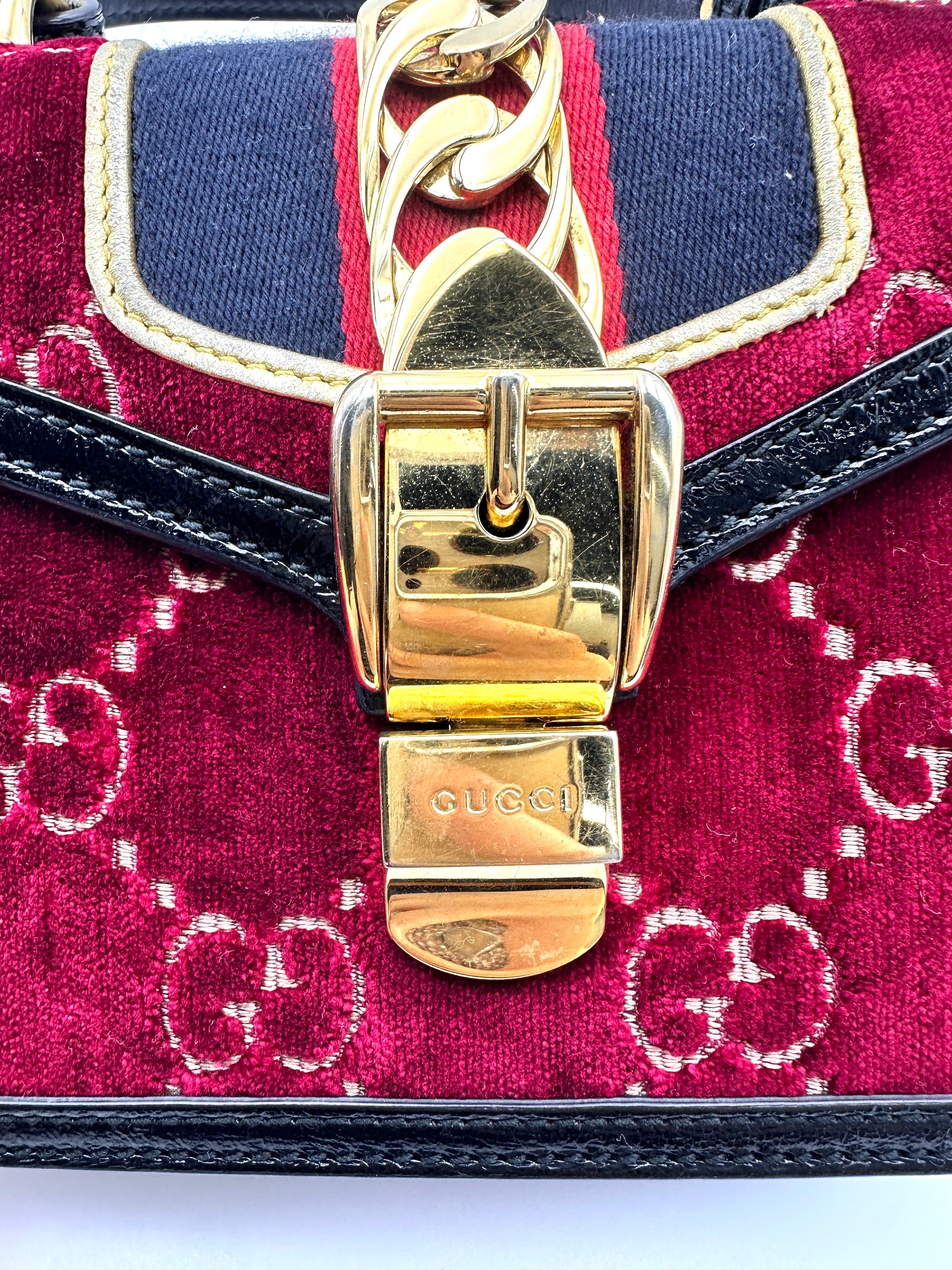 Gucci Sylvie Red Velvet Small Size Top Handle Bag GG1136