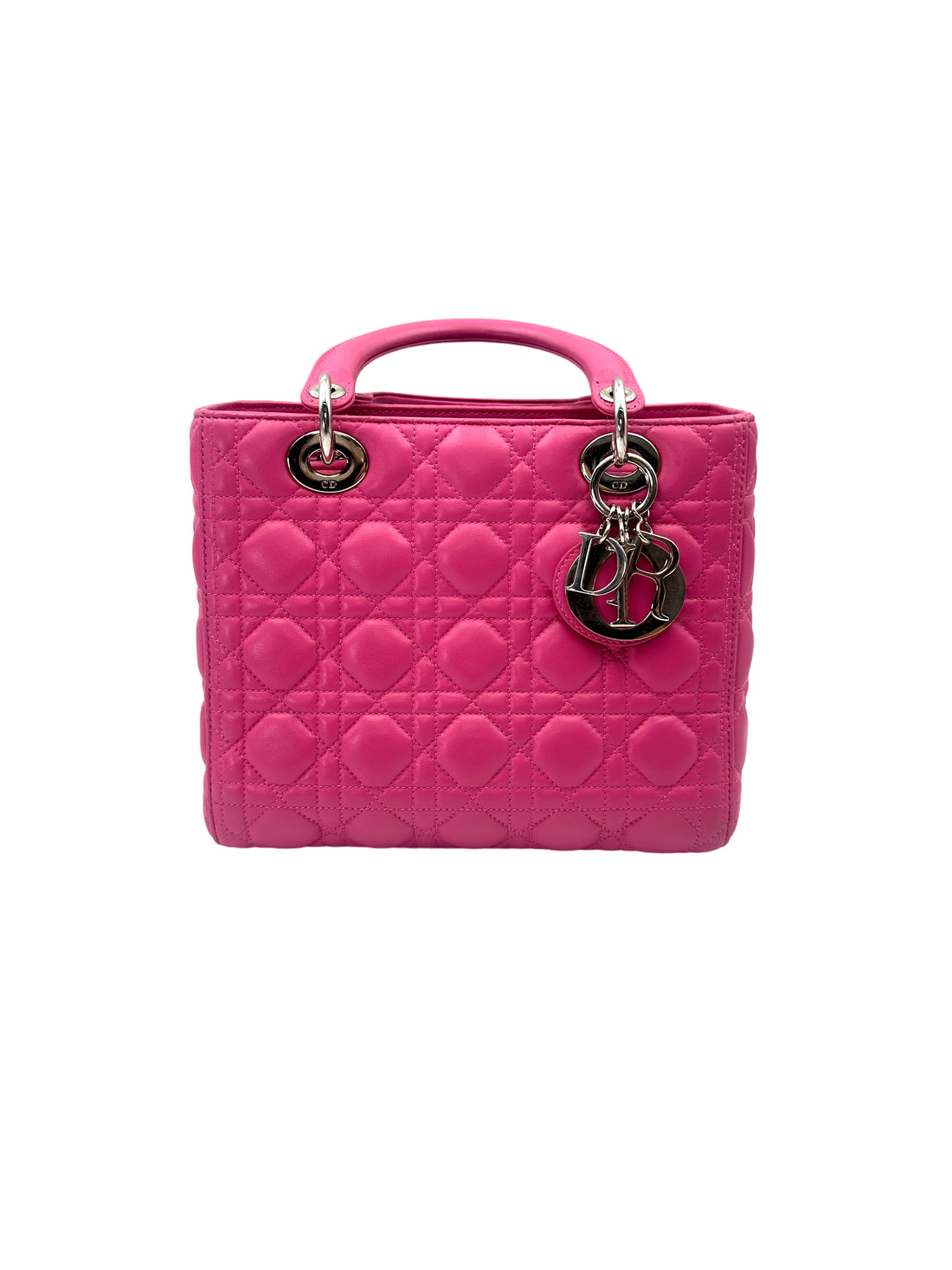 Christian Dior Lady Dior Pink Cannage Leather Handle Bag With Silver Charms DR752