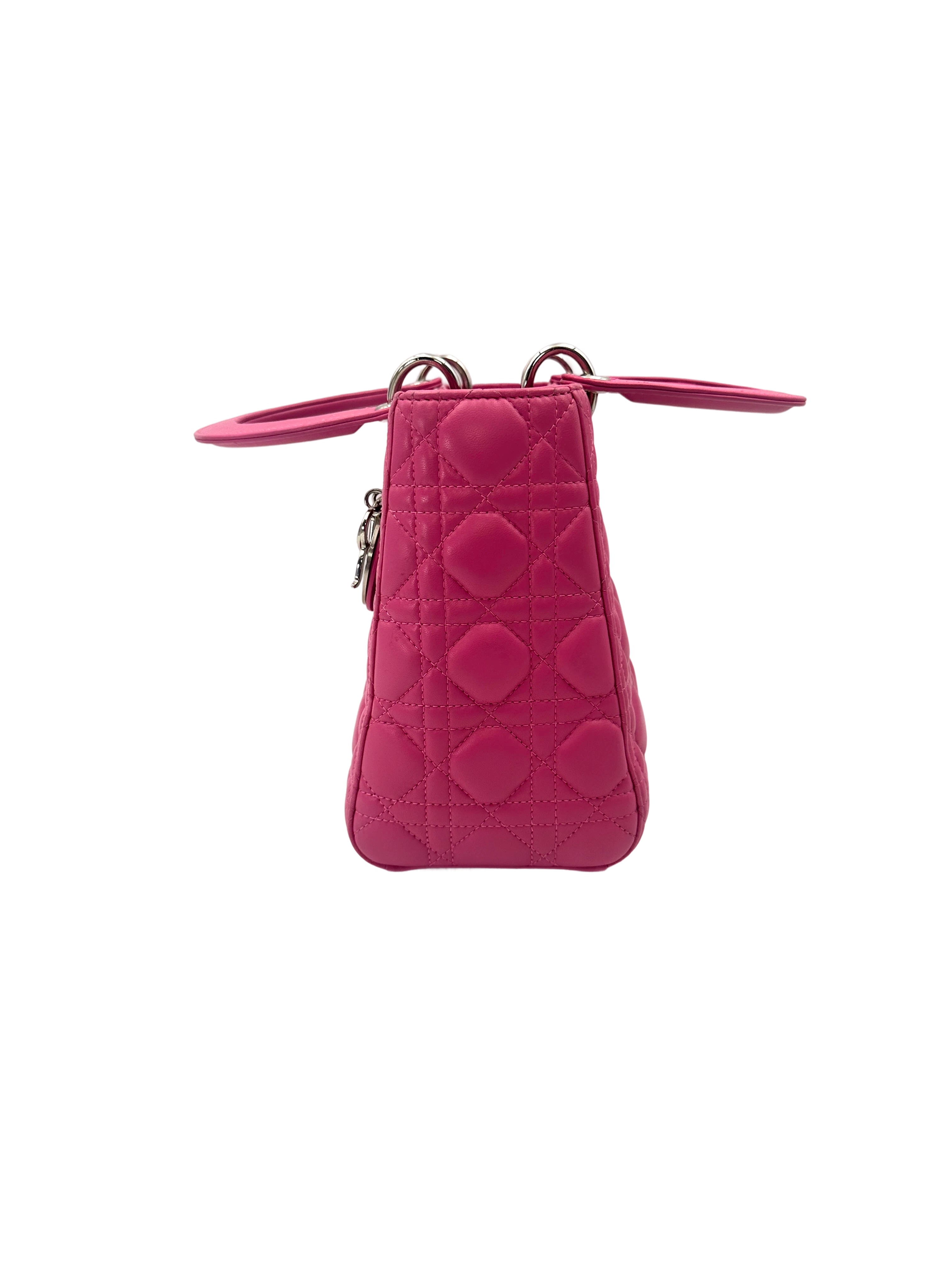 Christian Dior Lady Dior Pink Cannage Leather Handle Bag With Silver Charms DR752