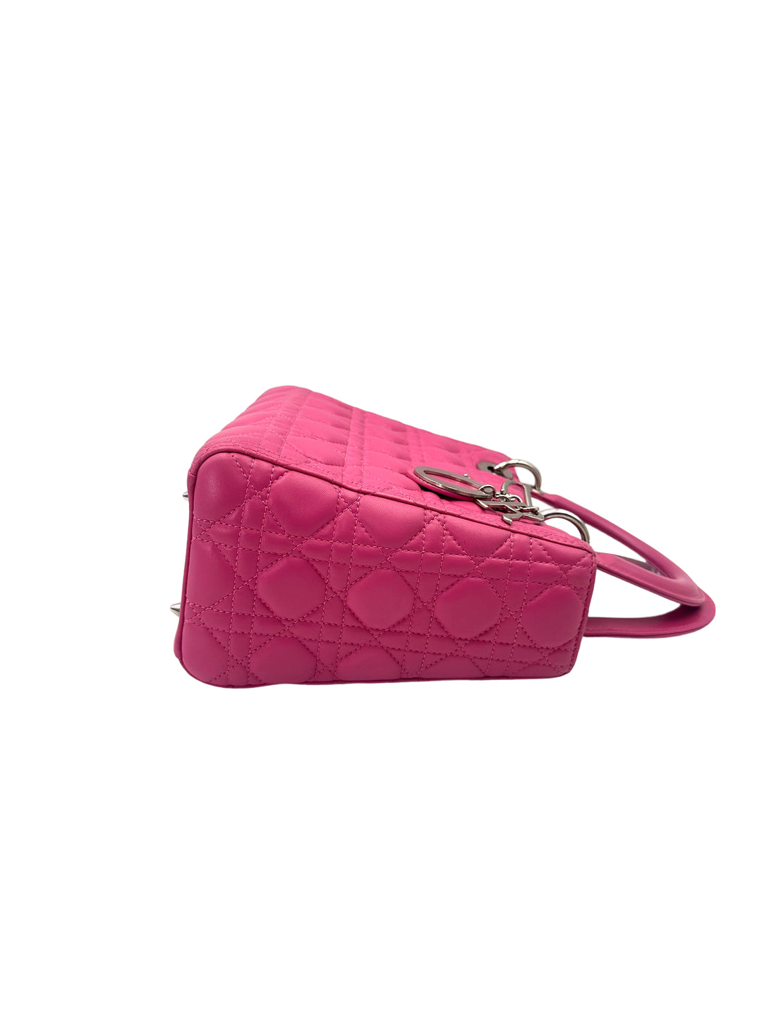 Christian Dior Lady Dior Pink Cannage Leather Handle Bag With Silver Charms DR752