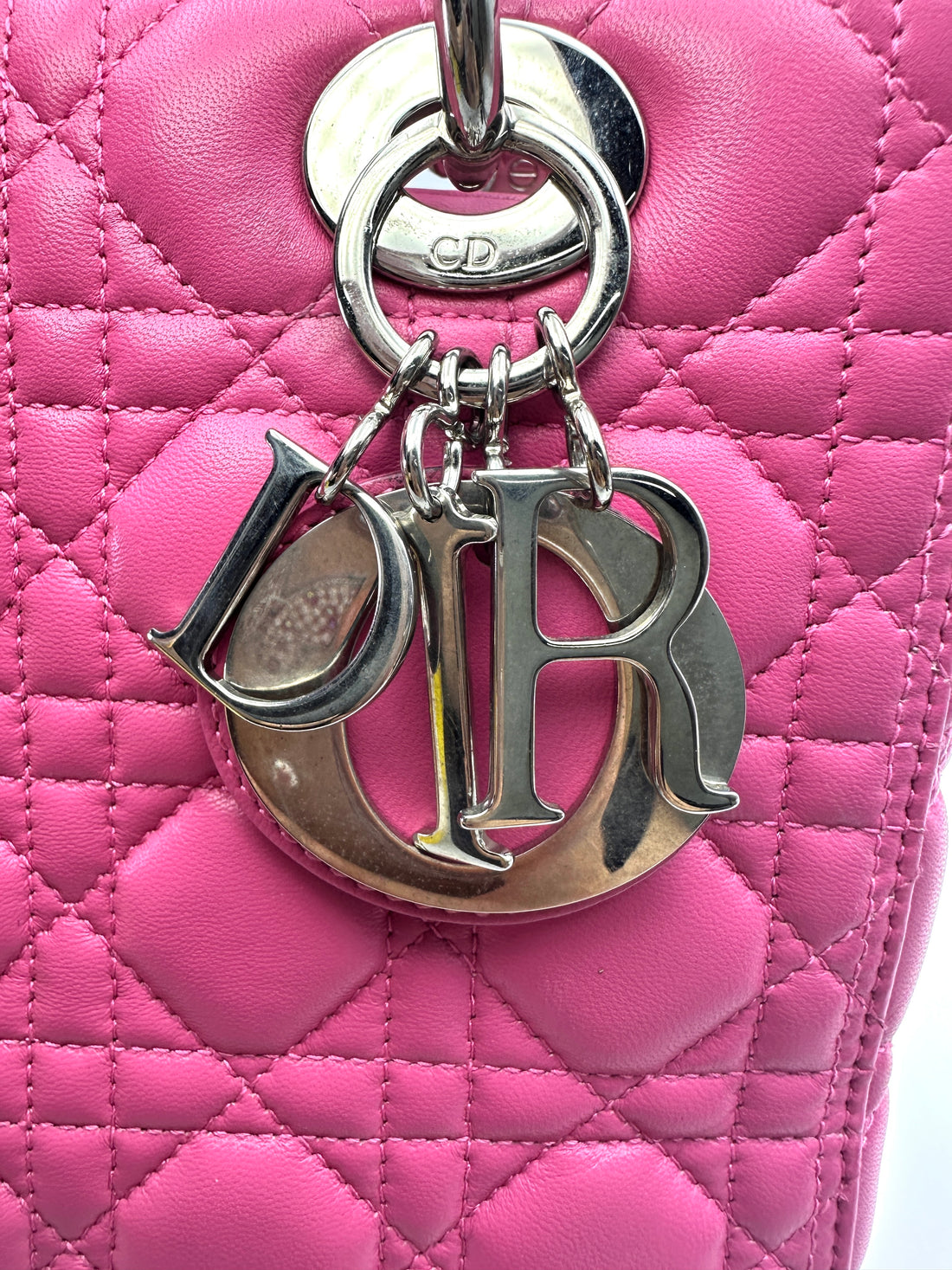 Christian Dior Lady Dior Pink Cannage Leather Handle Bag With Silver Charms DR752