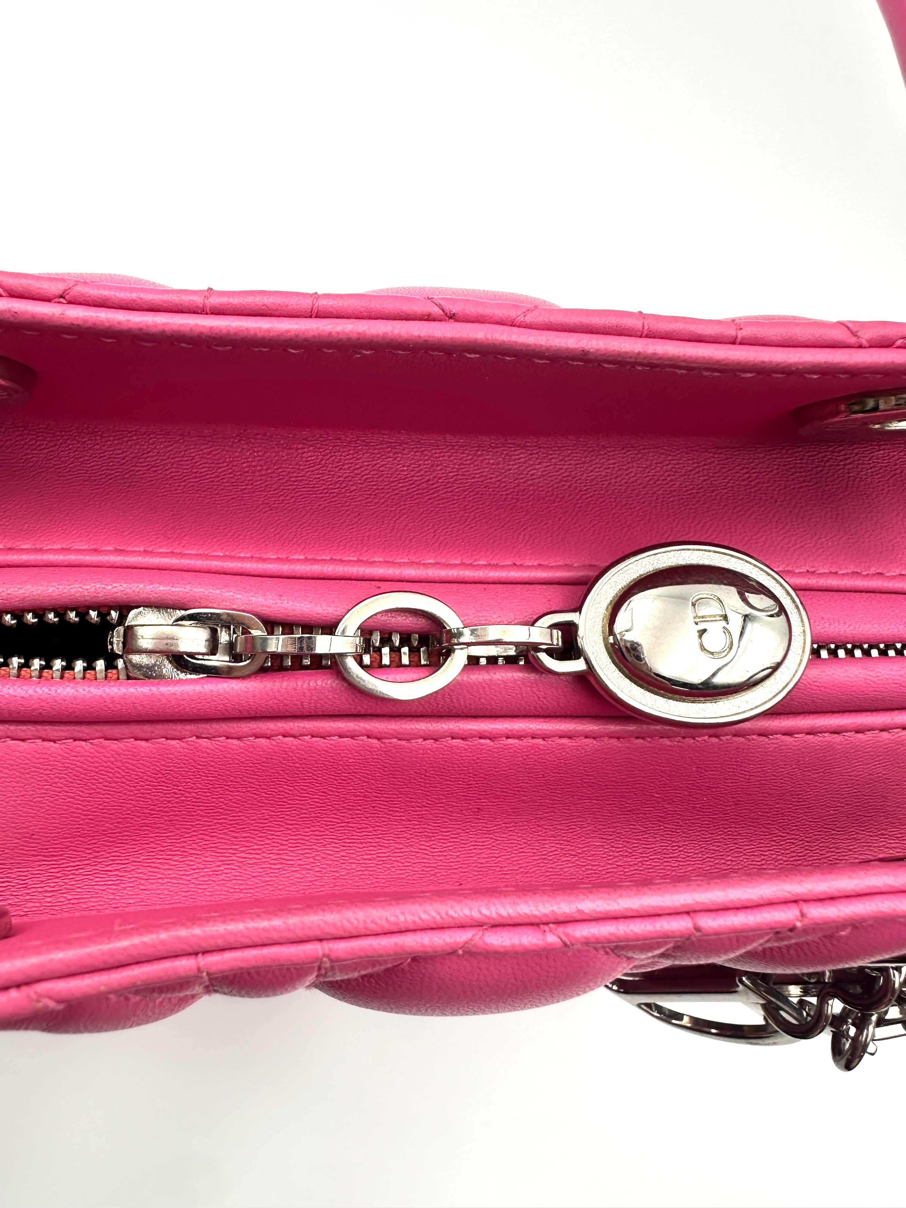 Christian Dior Lady Dior Pink Cannage Leather Handle Bag With Silver Charms DR752