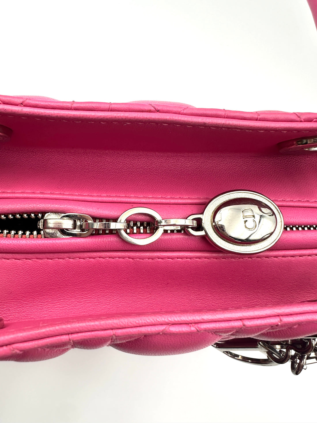Christian Dior Lady Dior Pink Cannage Leather Handle Bag With Silver Charms DR752