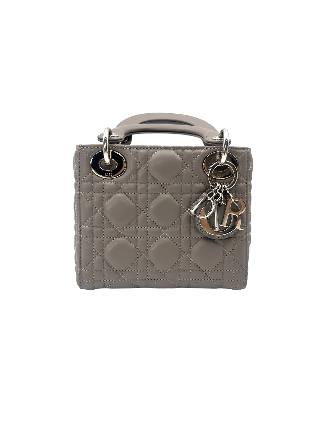 Christian Dior Lady Dior Grey Cannage Leather Handle Bag With Silver Charms DR758