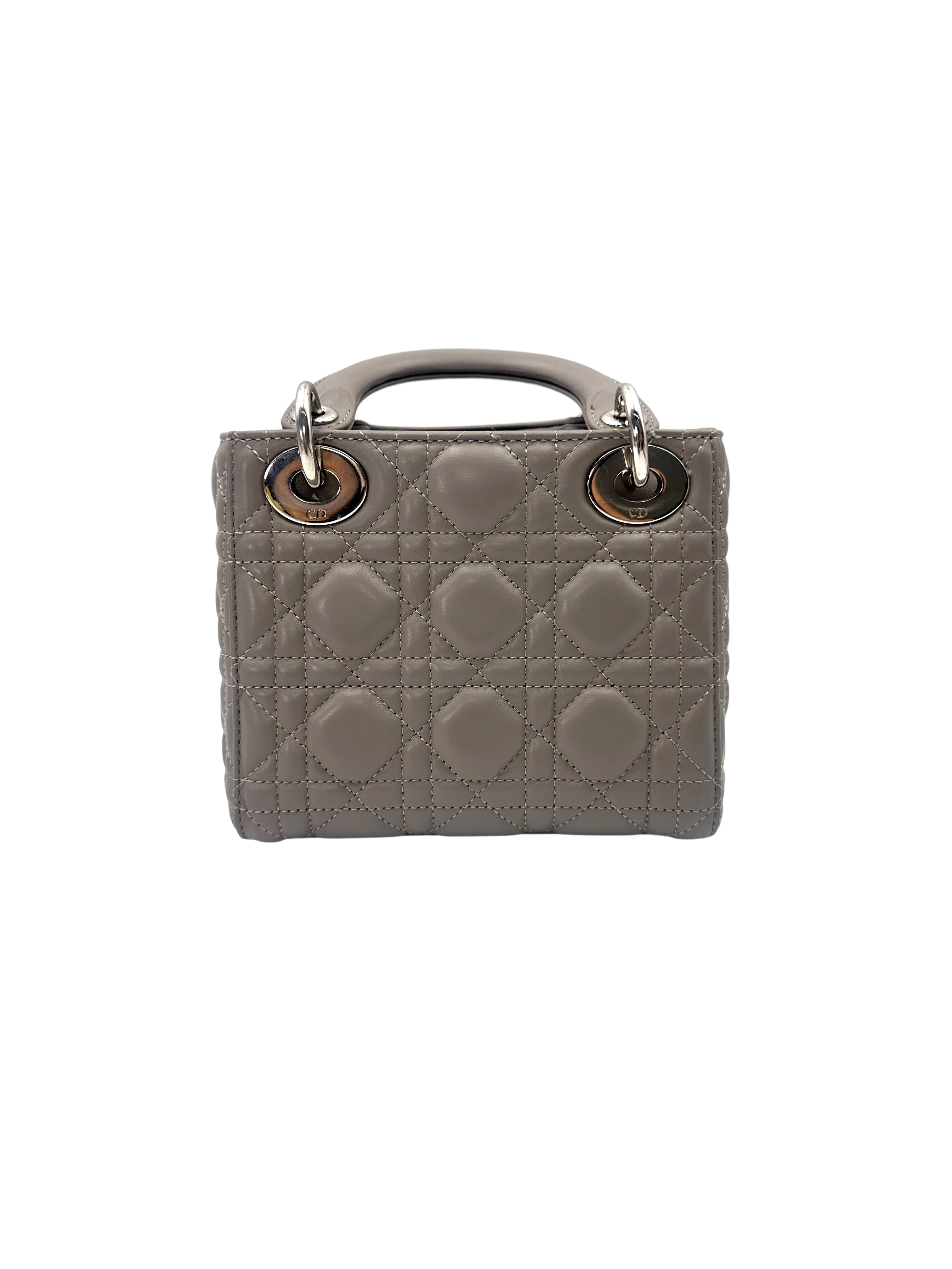 Christian Dior Lady Dior Grey Cannage Leather Handle Bag With Silver Charms DR758