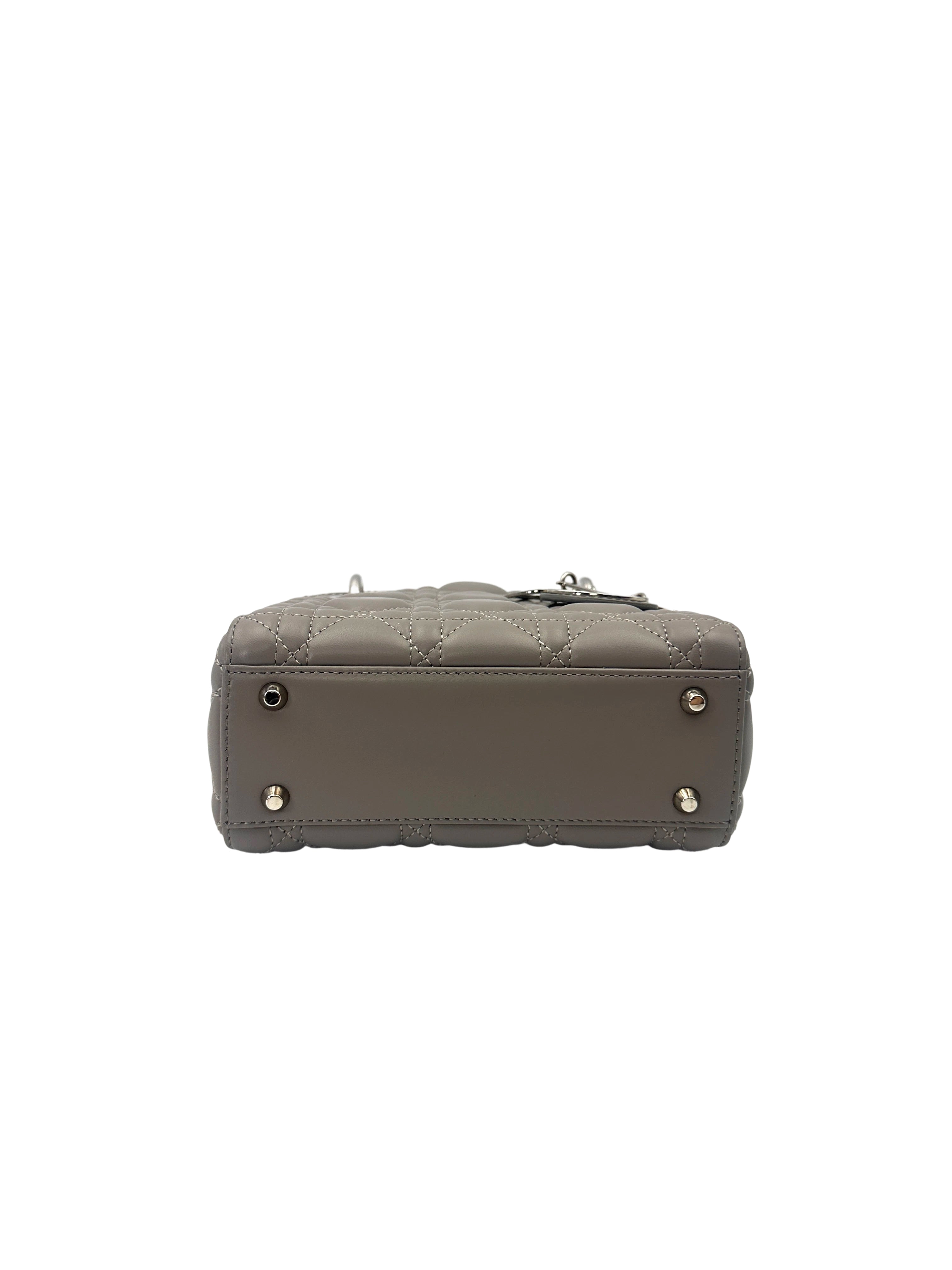 Christian Dior Lady Dior Grey Cannage Leather Handle Bag With Silver Charms DR758