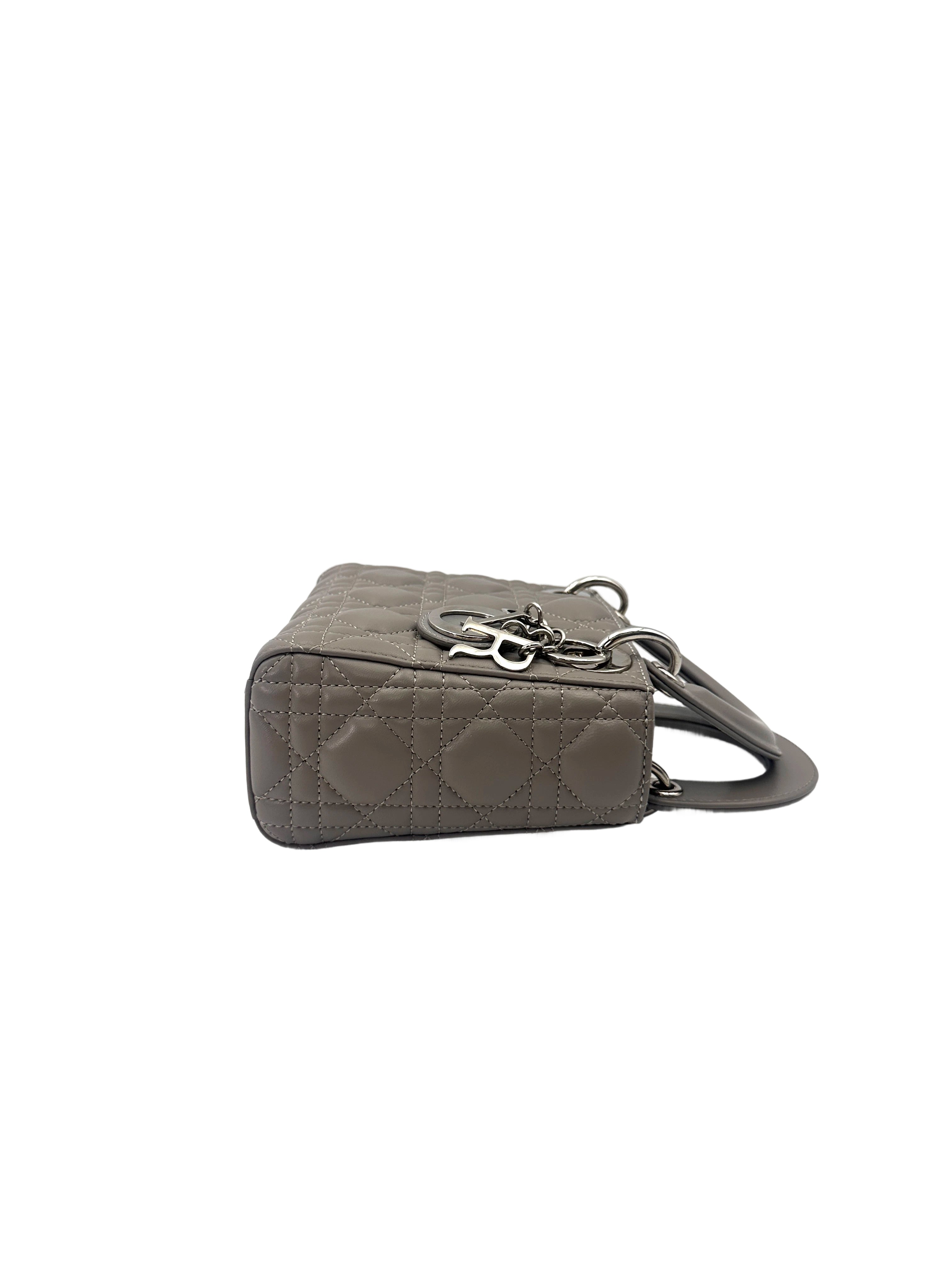 Christian Dior Lady Dior Grey Cannage Leather Handle Bag With Silver Charms DR758