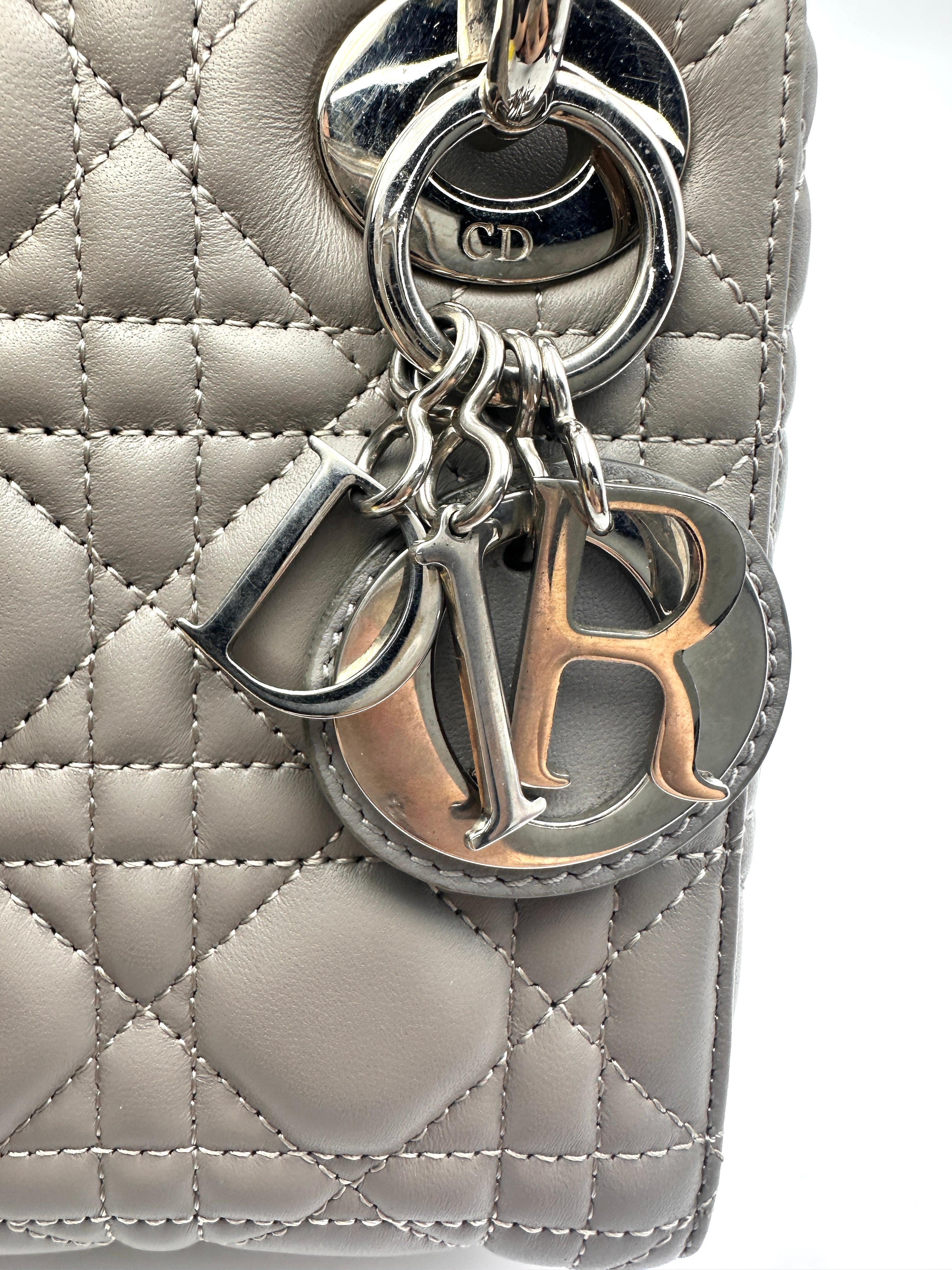 Christian Dior Lady Dior Grey Cannage Leather Handle Bag With Silver Charms DR758