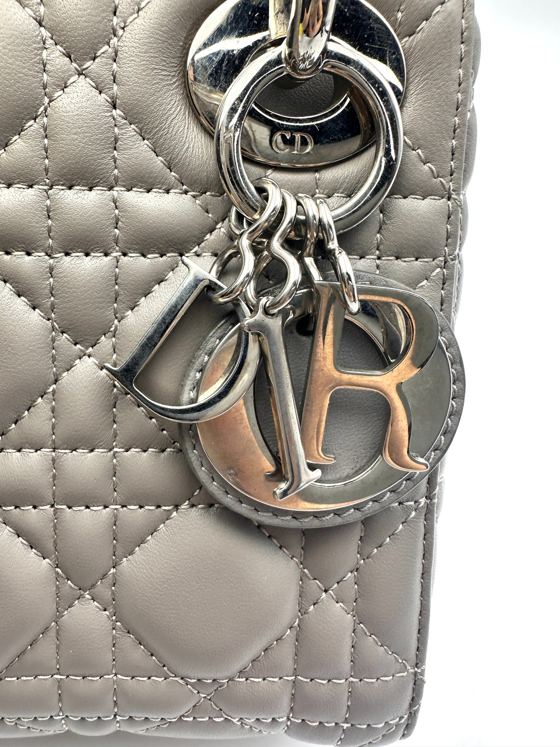 Christian Dior Lady Dior Grey Cannage Leather Handle Bag With Silver Charms DR758