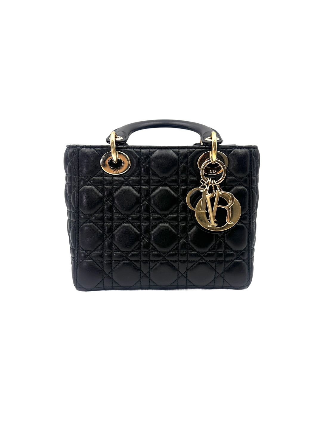 Christian Dior Lady Dior Black Cannage Lambskin Handle Bag With Gold Charms DR756