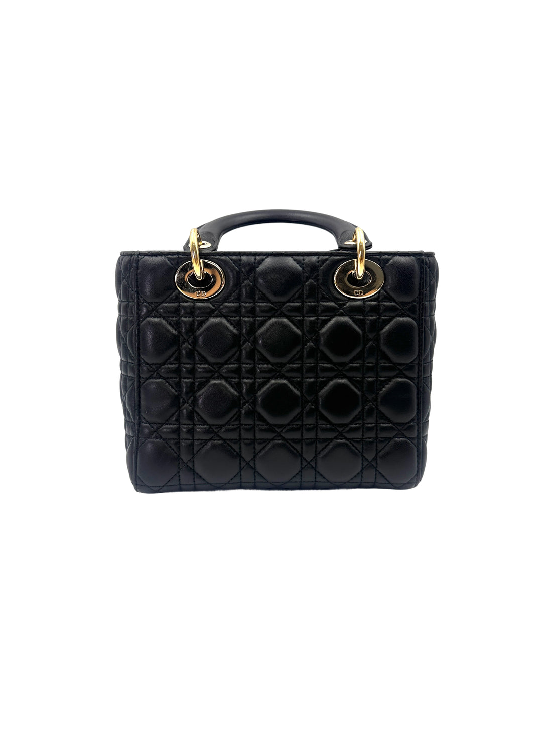 Christian Dior Lady Dior Black Cannage Lambskin Handle Bag With Gold Charms DR756