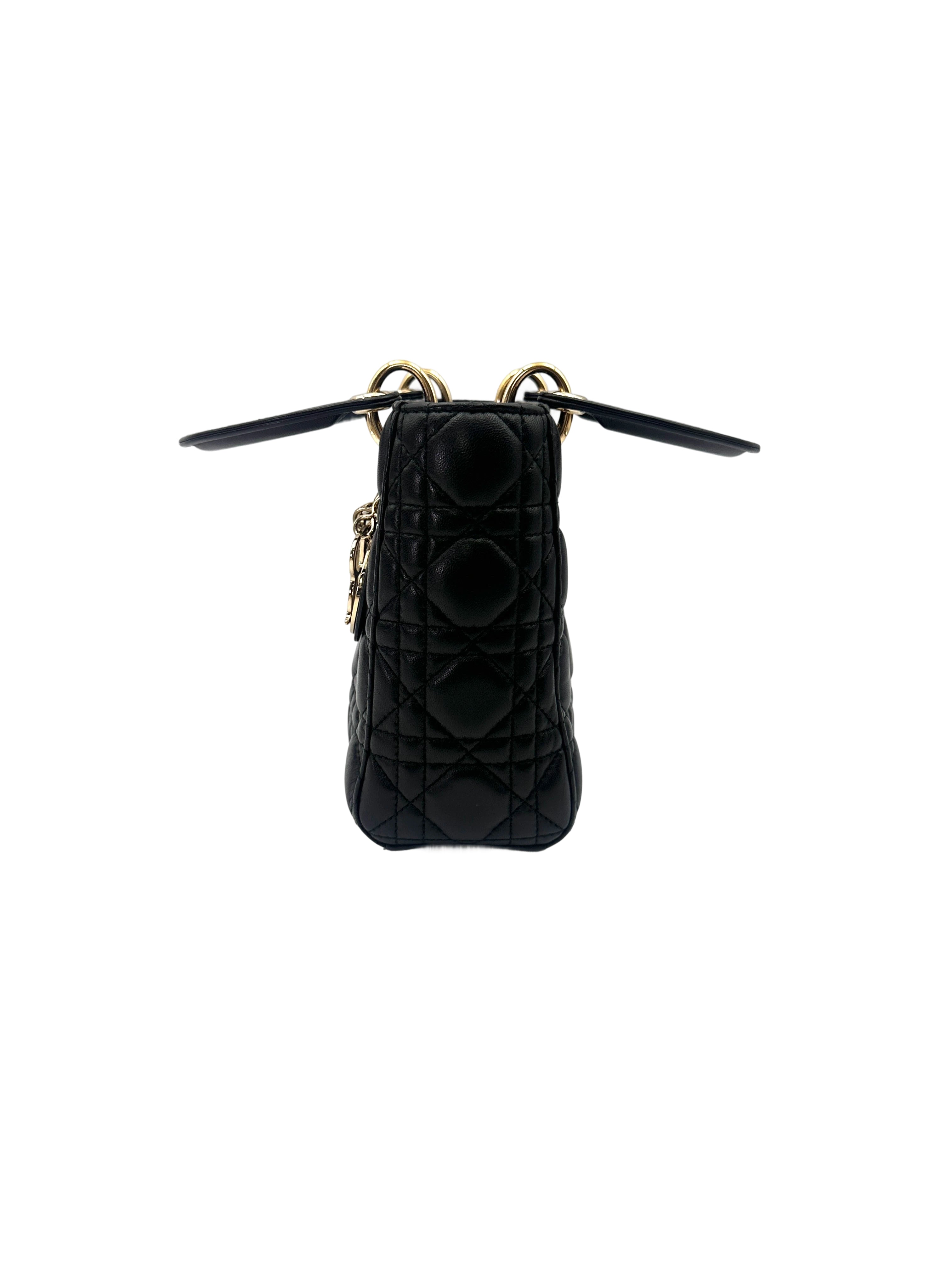 Christian Dior Lady Dior Black Cannage Lambskin Handle Bag With Gold Charms DR756