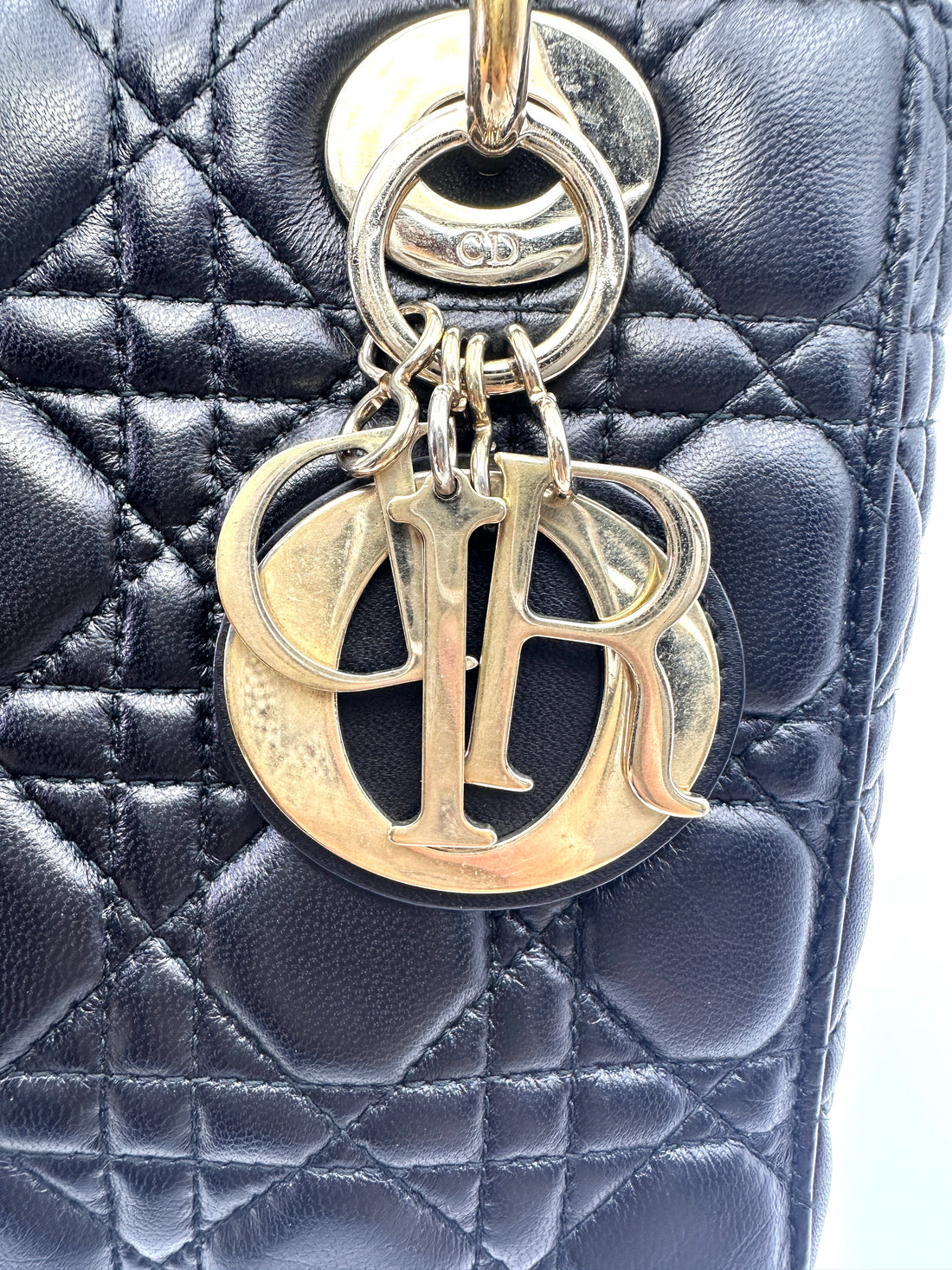 Christian Dior Lady Dior Black Cannage Lambskin Handle Bag With Gold Charms DR756