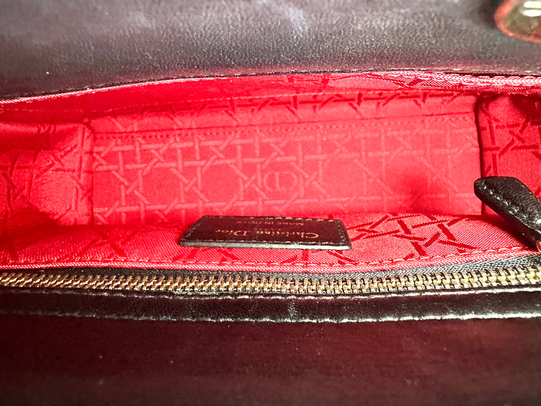 Christian Dior Lady Dior Black Cannage Lambskin Handle Bag With Gold Charms DR756