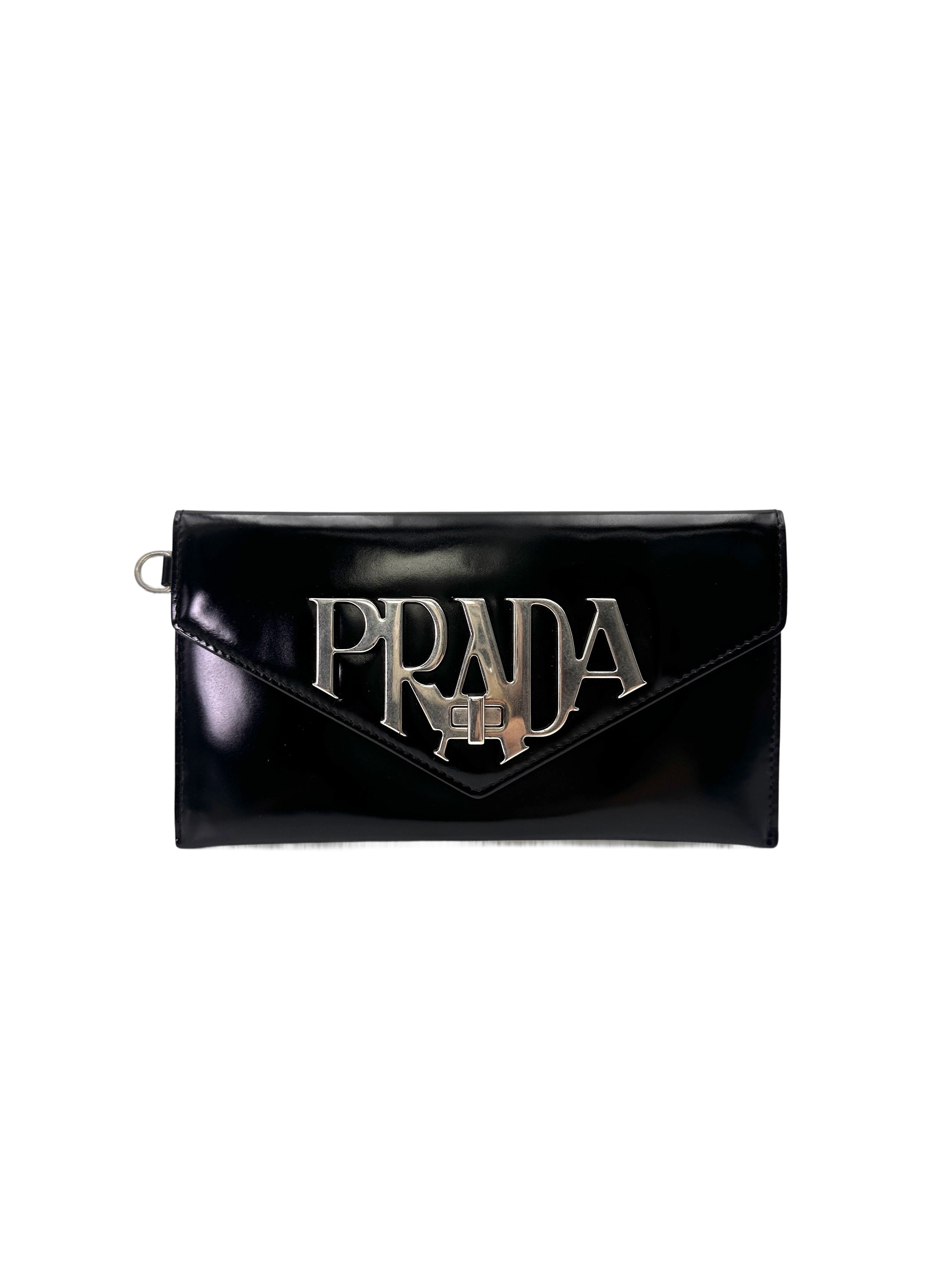 Prada Spazzolato Logo Black Leather Envelope Bag PR407