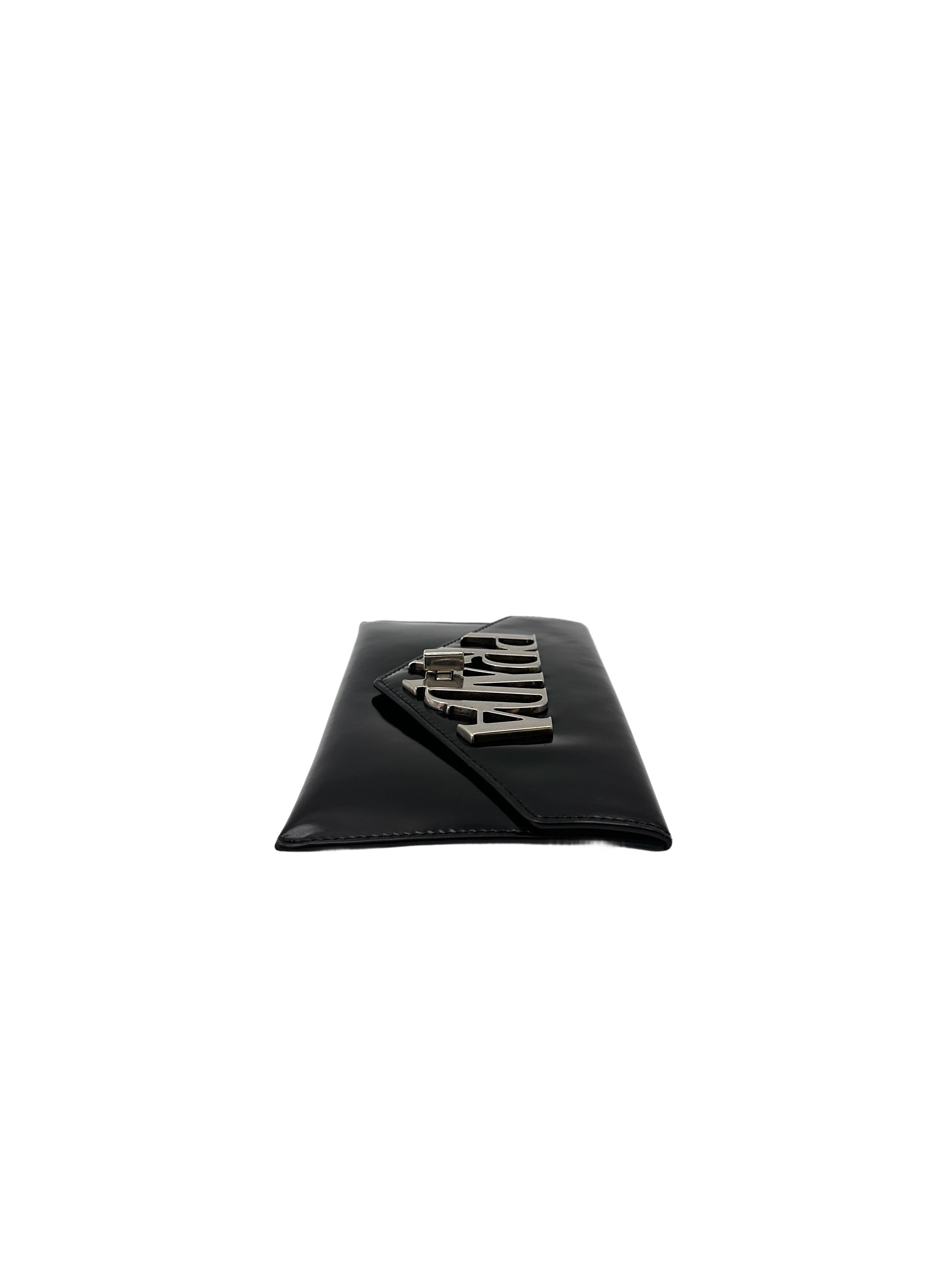 Prada Spazzolato Logo Black Leather Envelope Bag PR407
