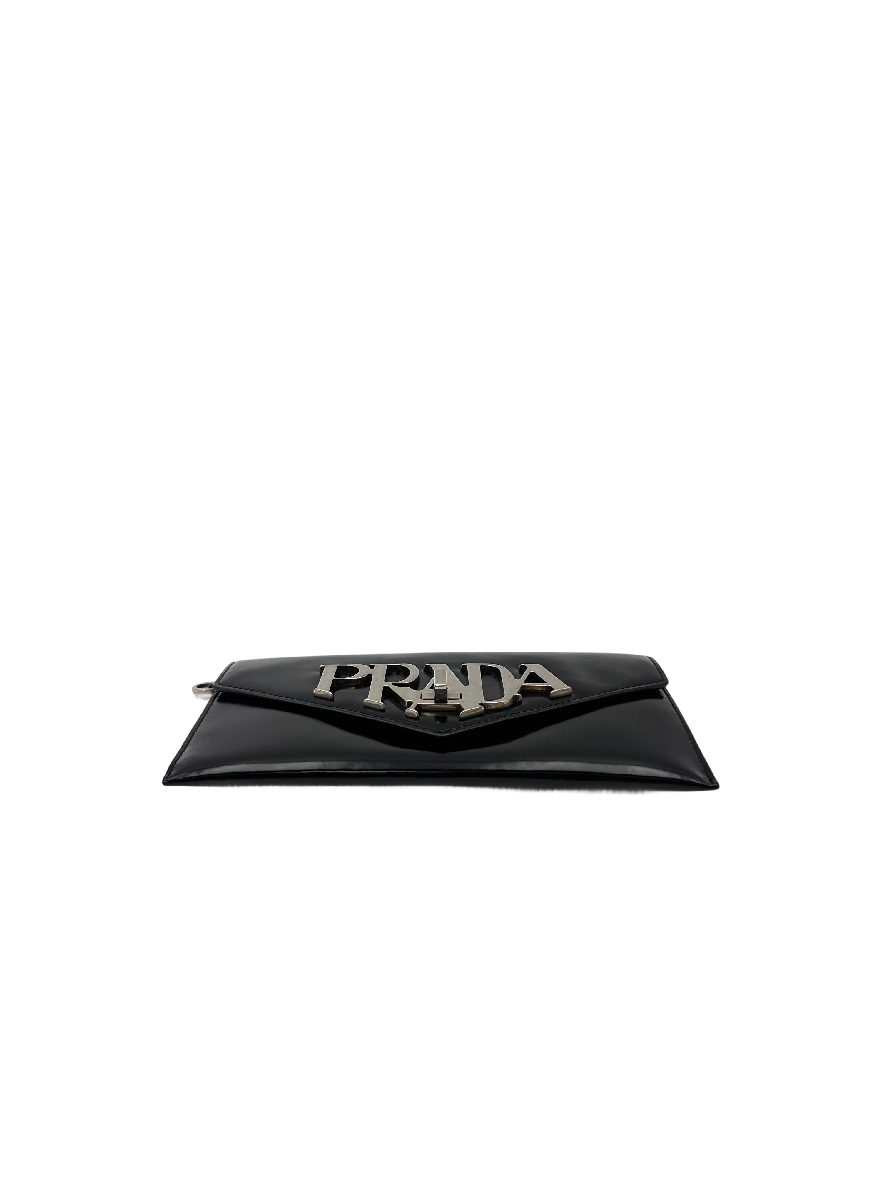 Prada Spazzolato Logo Black Leather Envelope Bag PR407