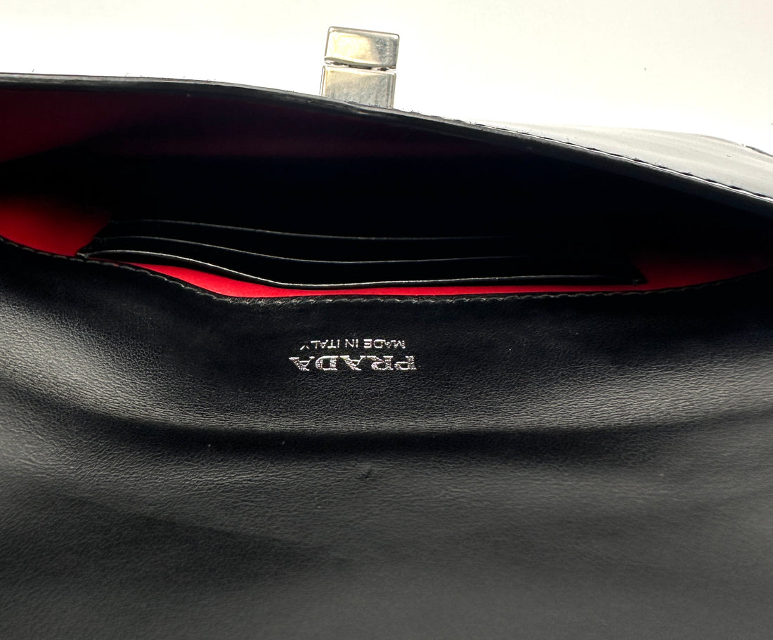 Prada Spazzolato Logo Black Leather Envelope Bag PR407