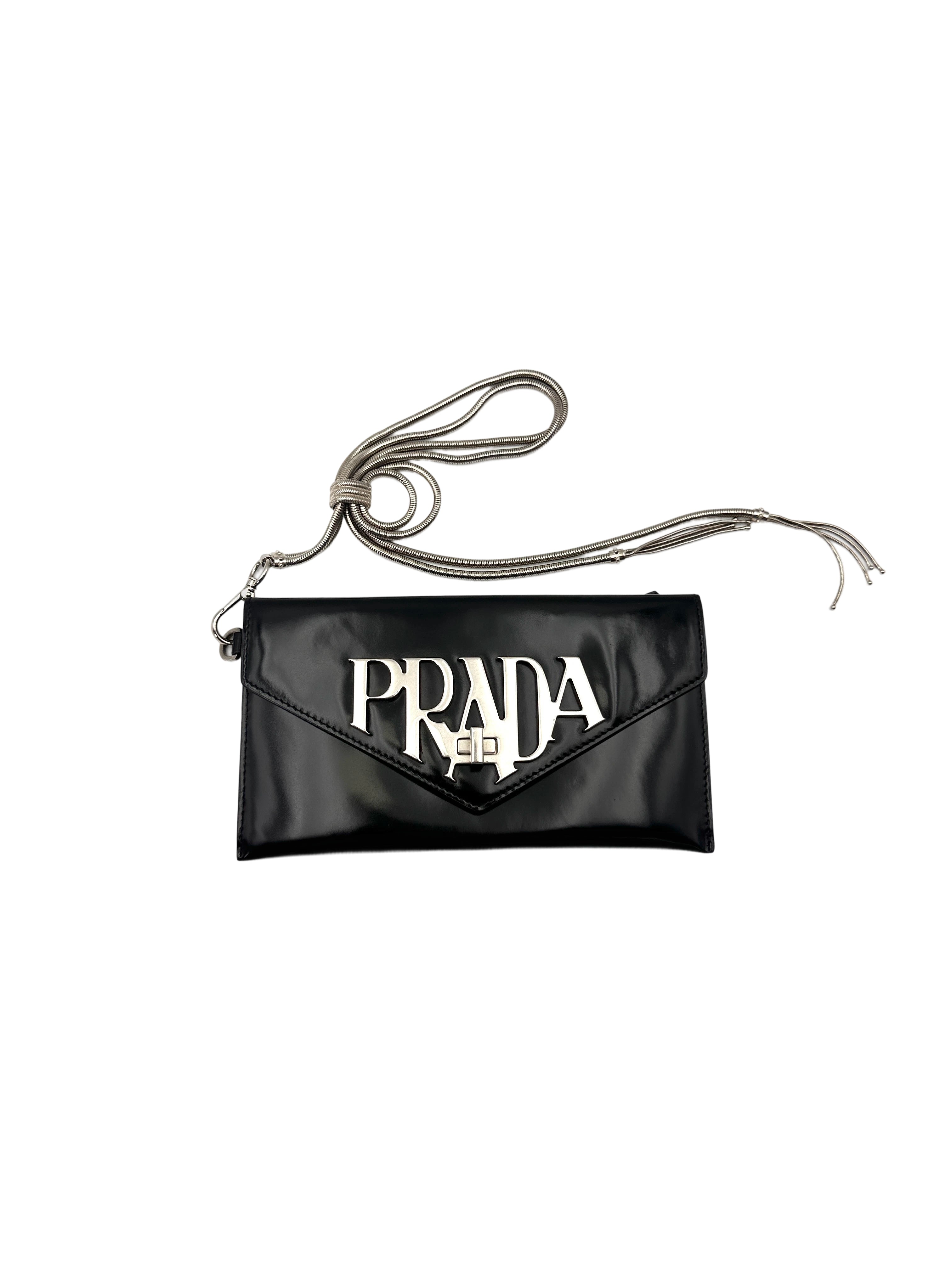 Prada Spazzolato Logo Black Leather Envelope Bag PR407