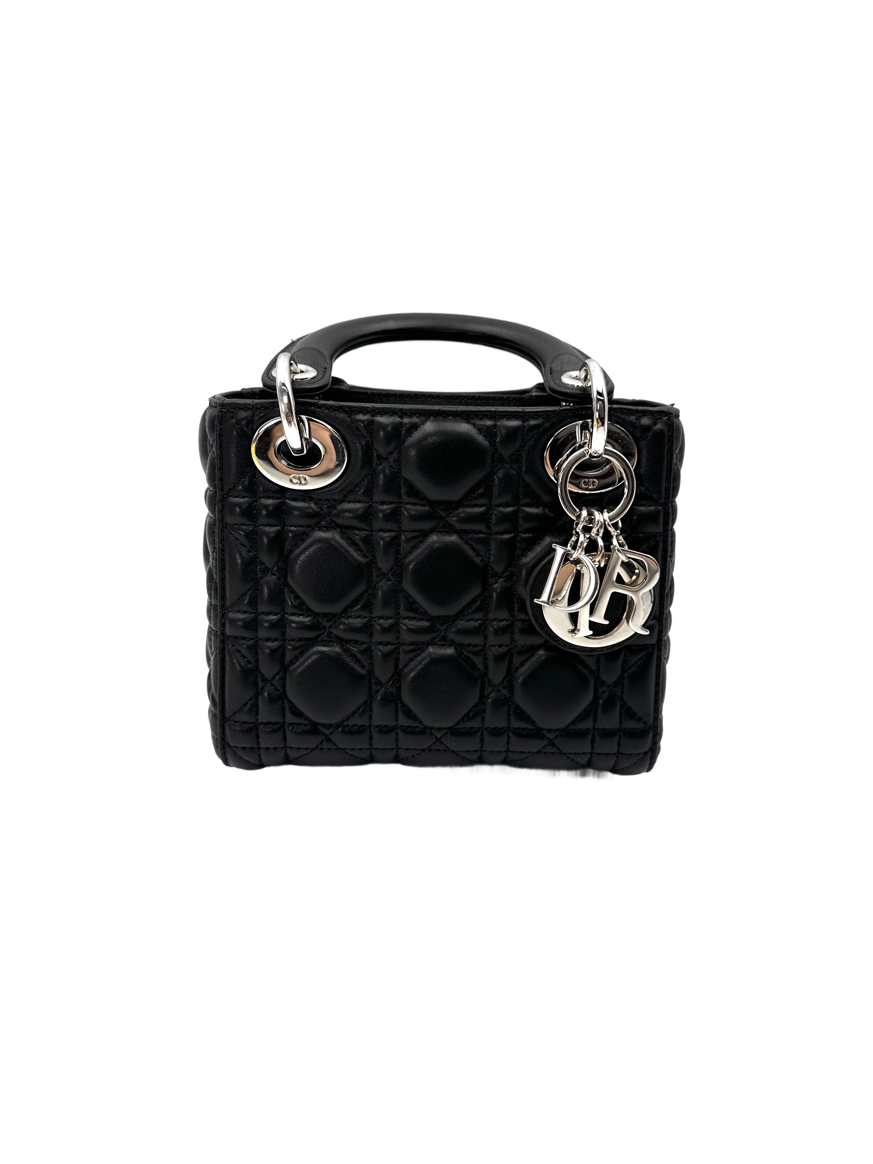 Christian Dior Lady Dior Black Cannage Lambskin Handle Bag With Silver Charms DR754