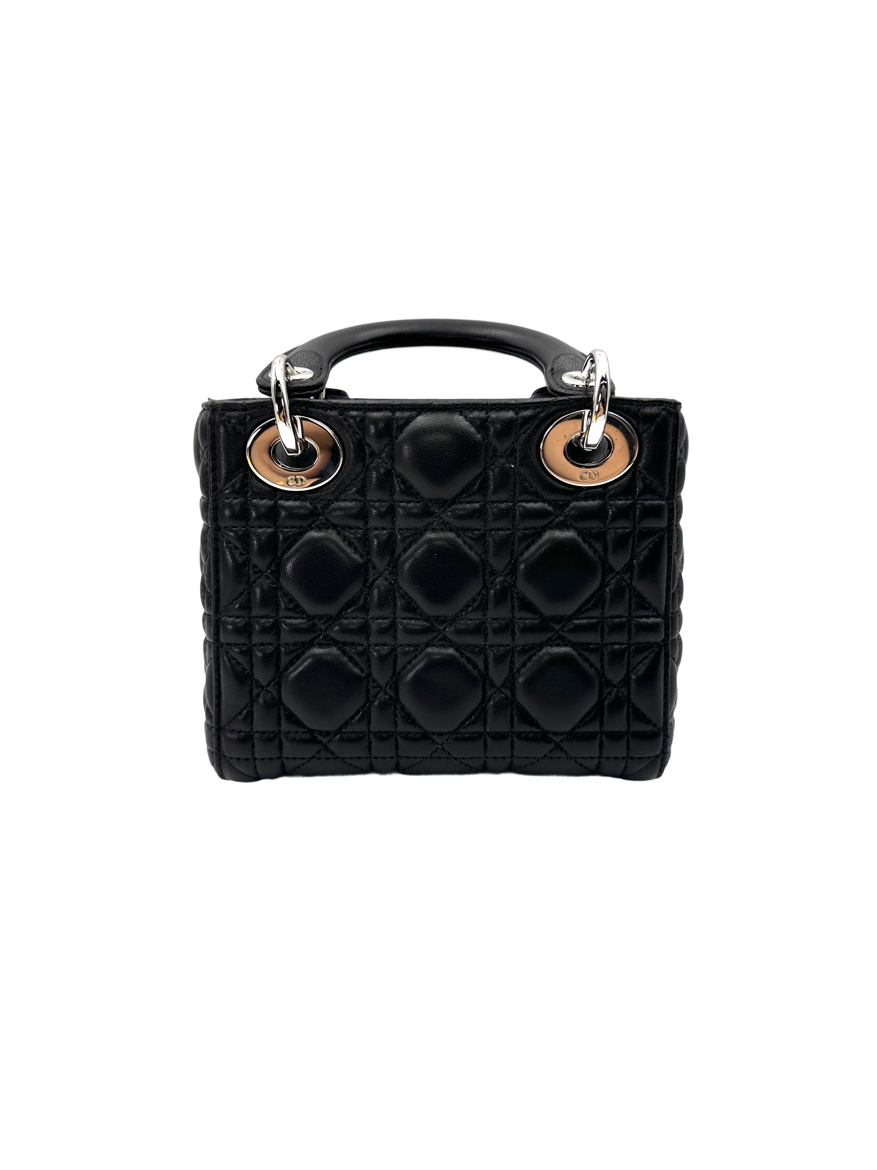 Christian Dior Lady Dior Black Cannage Lambskin Handle Bag With Silver Charms DR754
