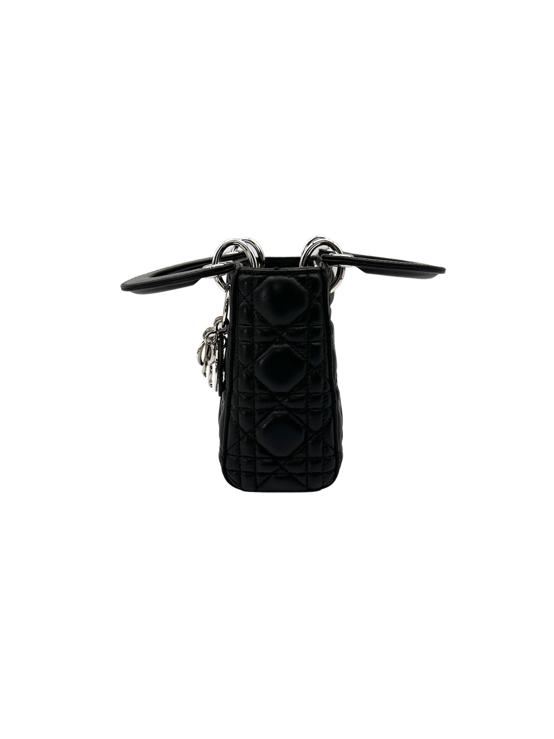 Christian Dior Lady Dior Black Cannage Lambskin Handle Bag With Silver Charms DR754