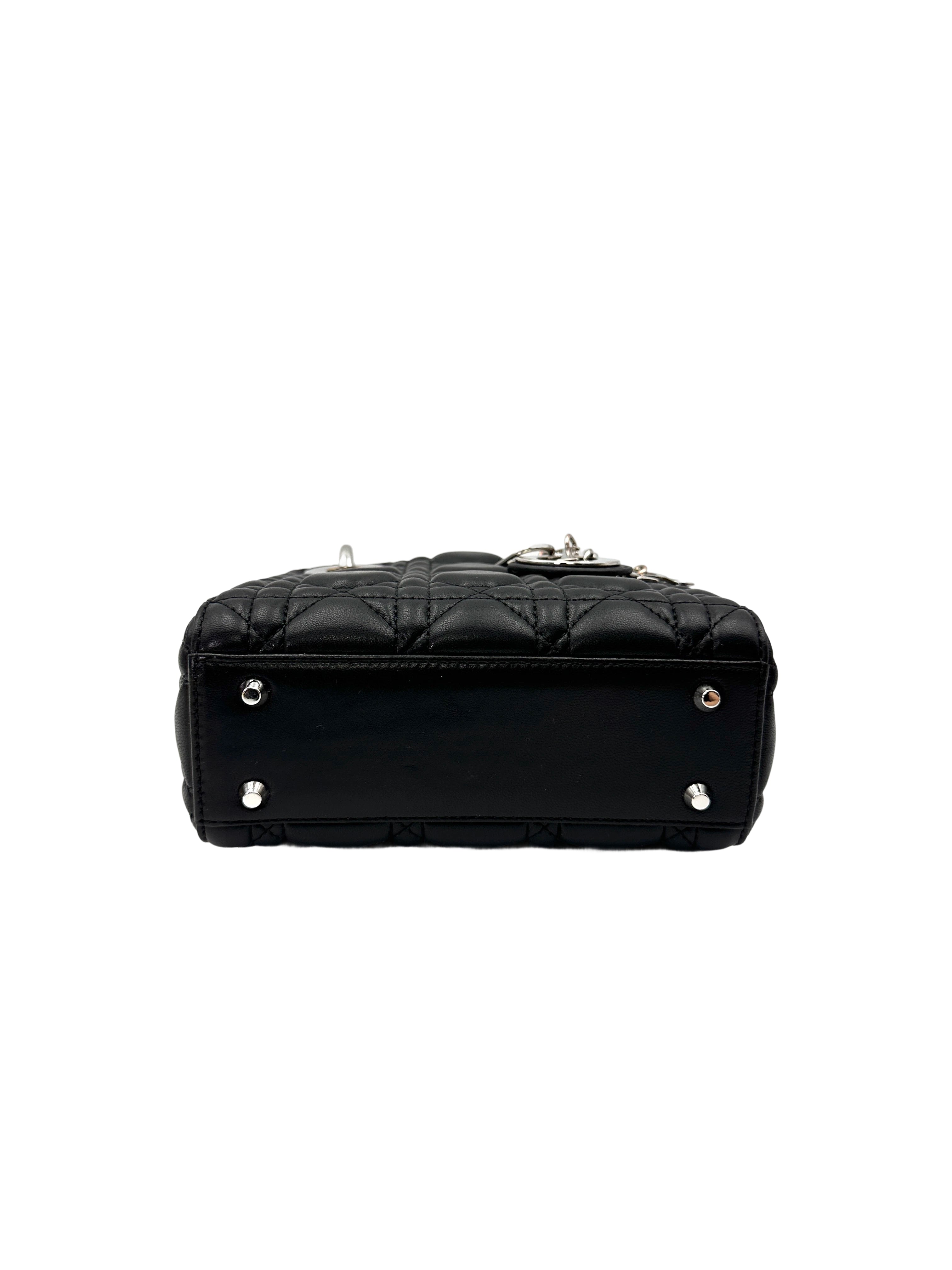 Christian Dior Lady Dior Black Cannage Lambskin Handle Bag With Silver Charms DR754