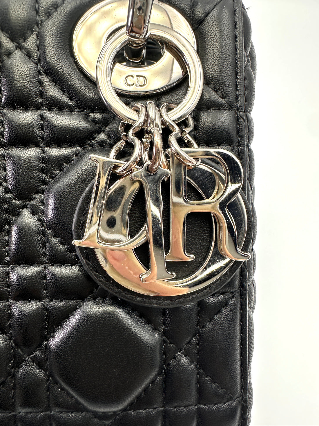 Christian Dior Lady Dior Black Cannage Lambskin Handle Bag With Silver Charms DR754