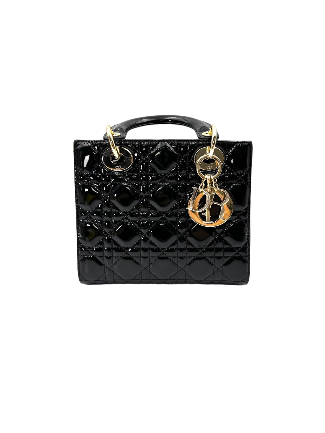 Christian Dior Lady Dior Black Cannage Patent Leather Handle Bag With Gold Charms DR757