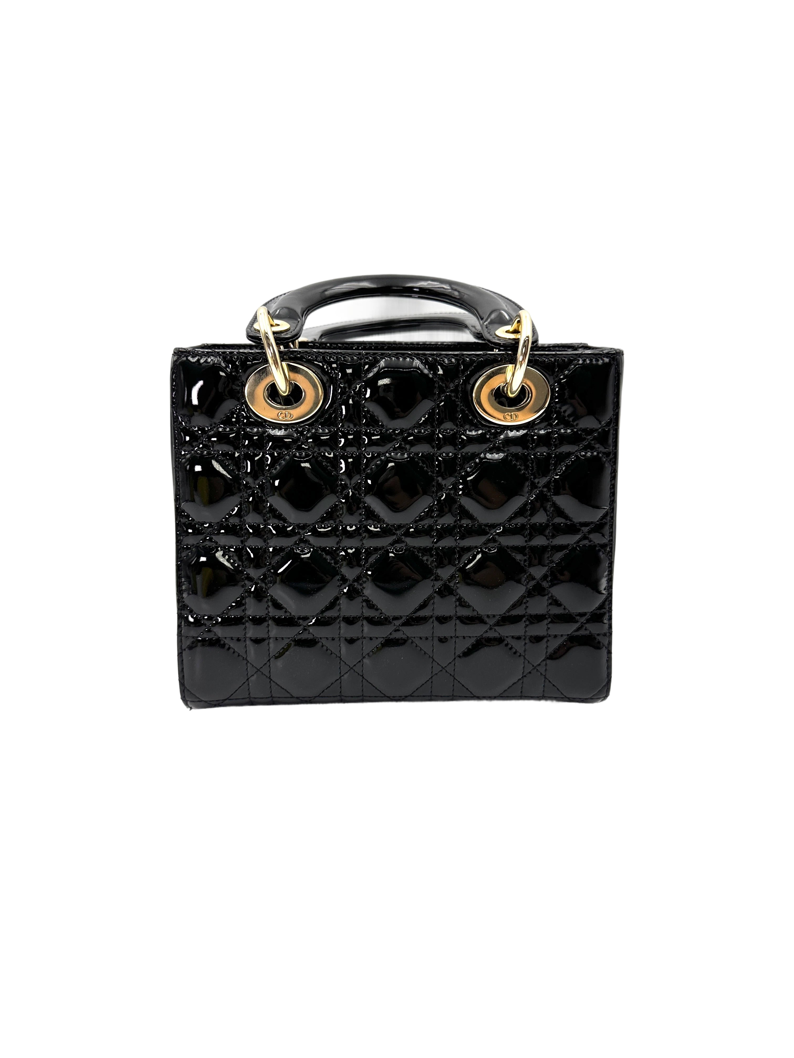 Christian Dior Lady Dior Black Cannage Patent Leather Handle Bag With Gold Charms DR757
