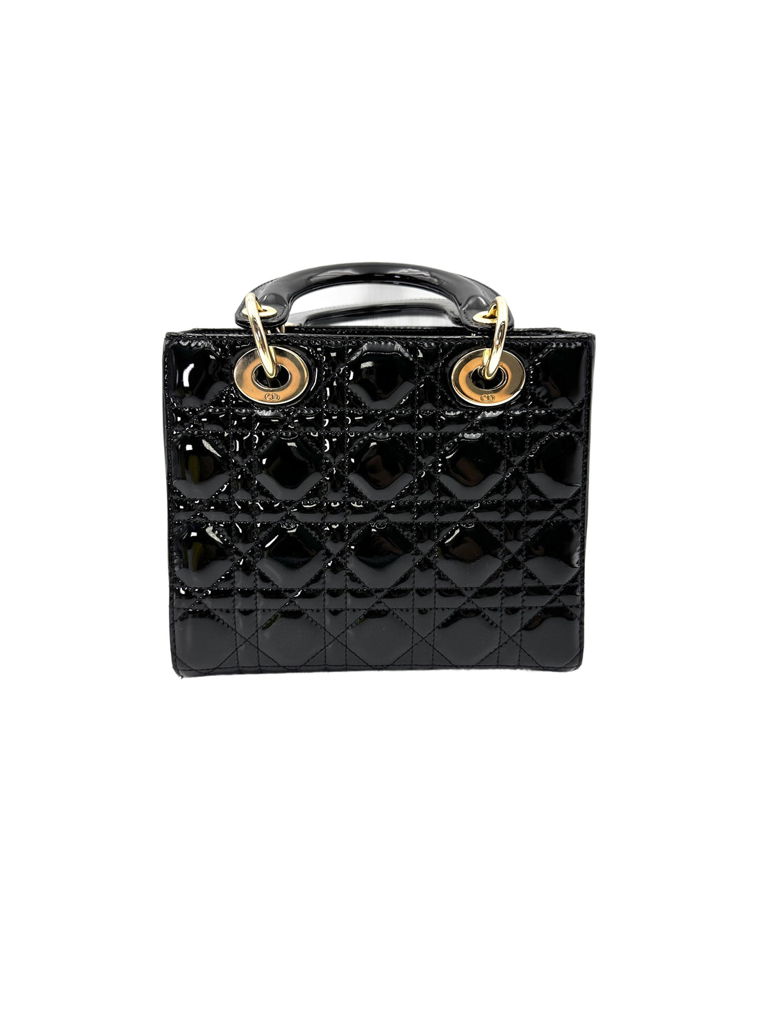 Christian Dior Lady Dior Black Cannage Patent Leather Handle Bag With Gold Charms DR757