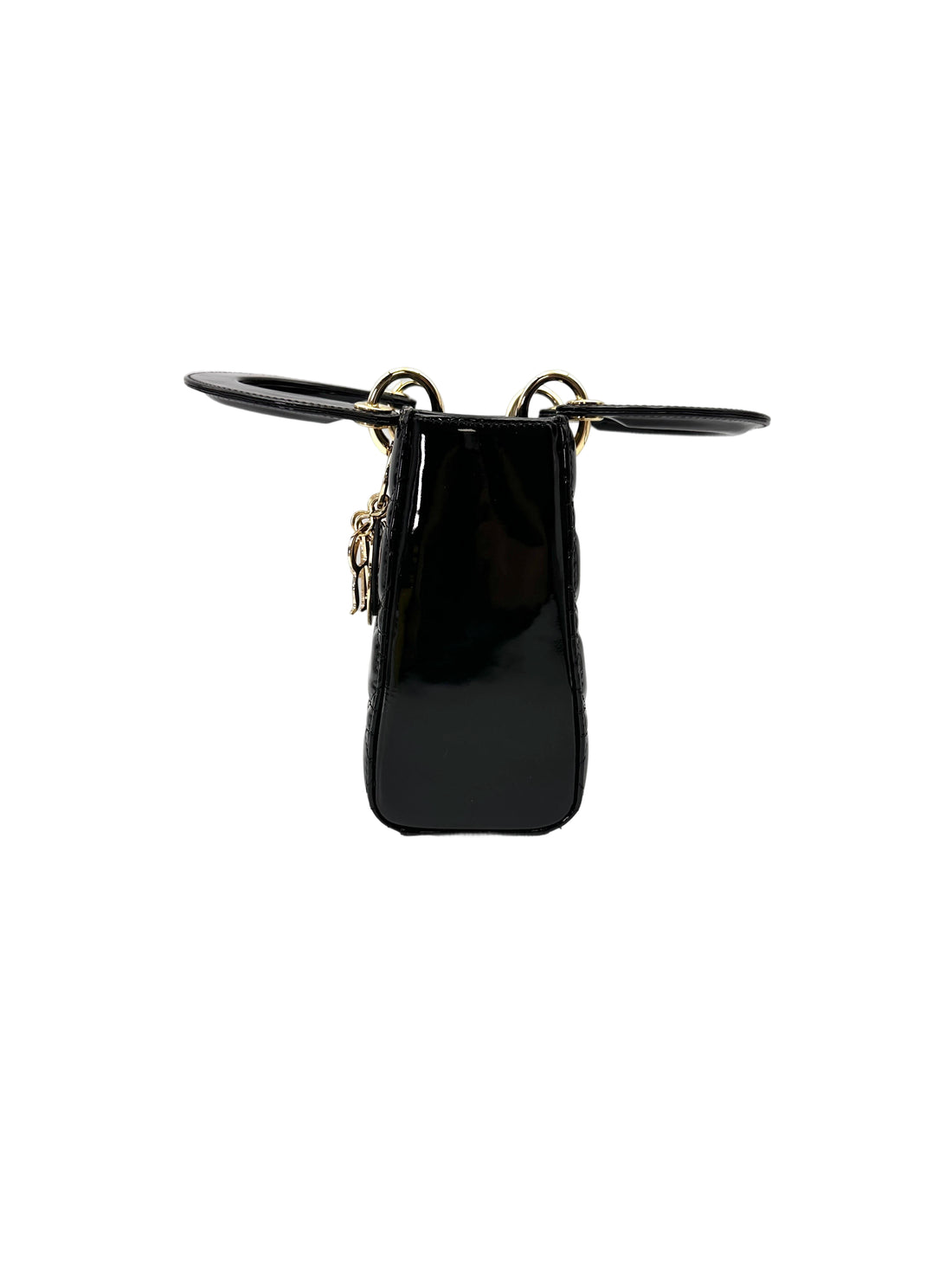 Christian Dior Lady Dior Black Cannage Patent Leather Handle Bag With Gold Charms DR757