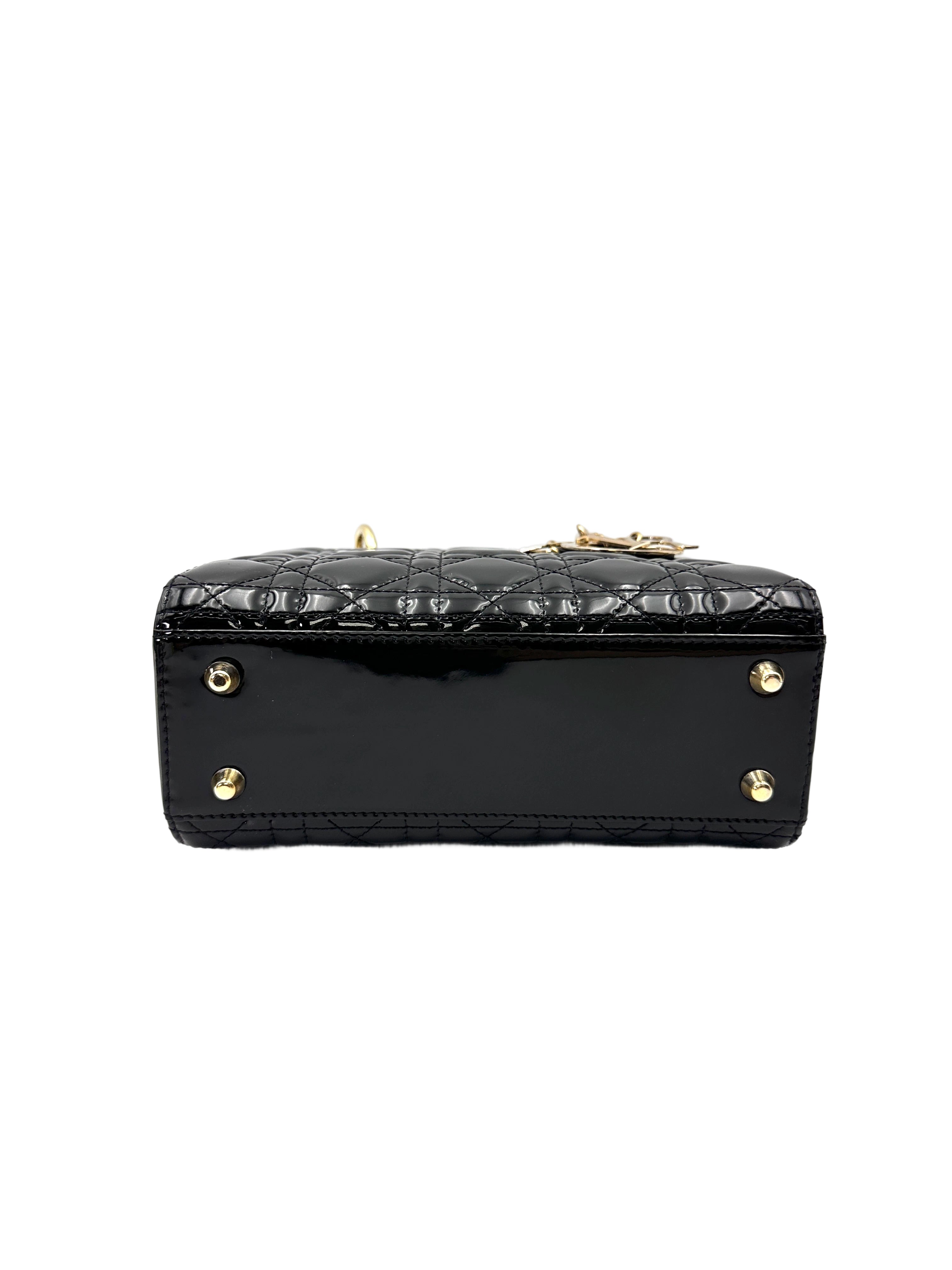 Christian Dior Lady Dior Black Cannage Patent Leather Handle Bag With Gold Charms DR757