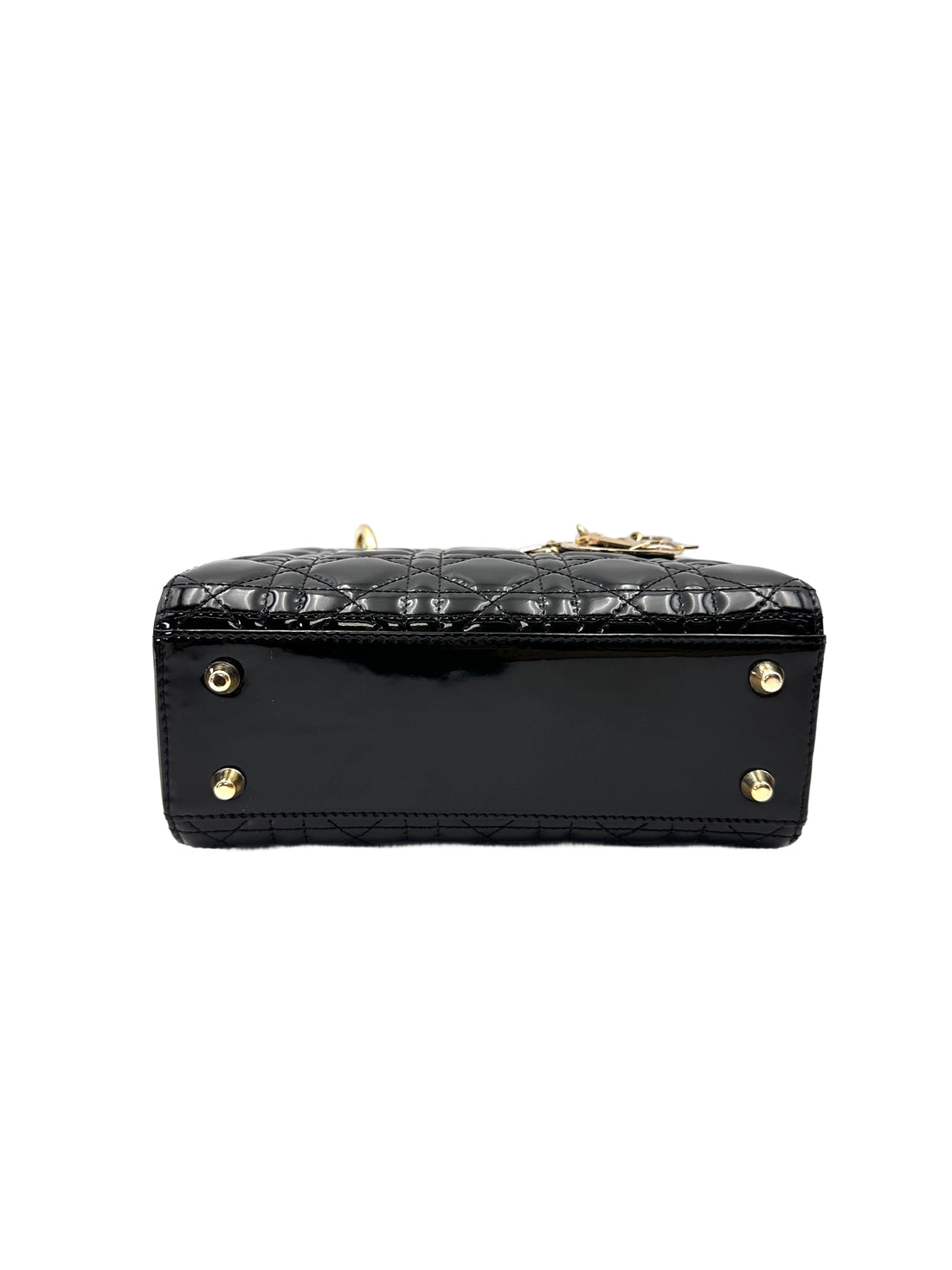 Christian Dior Lady Dior Black Cannage Patent Leather Handle Bag With Gold Charms DR757