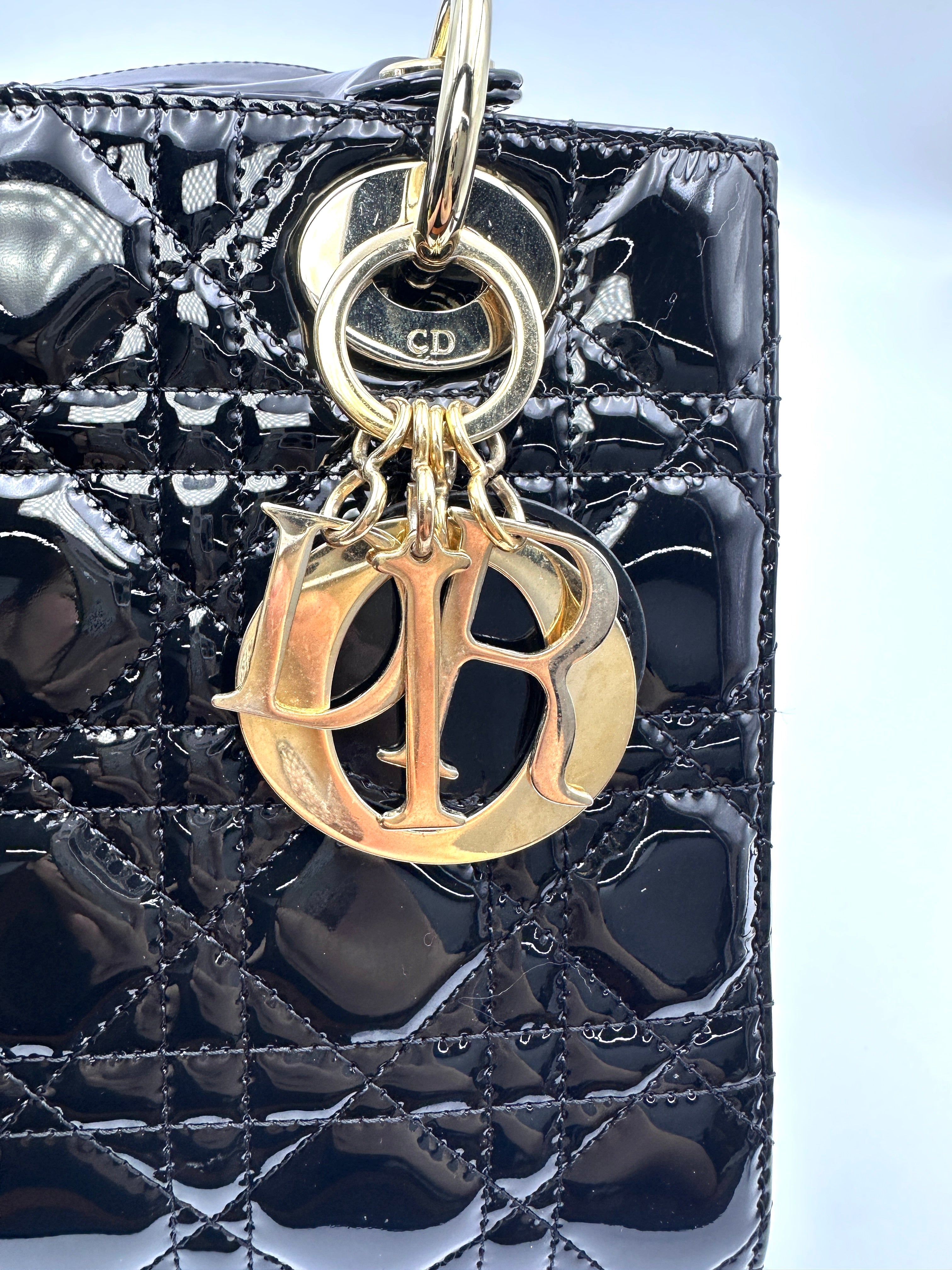 Christian Dior Lady Dior Black Cannage Patent Leather Handle Bag With Gold Charms DR757