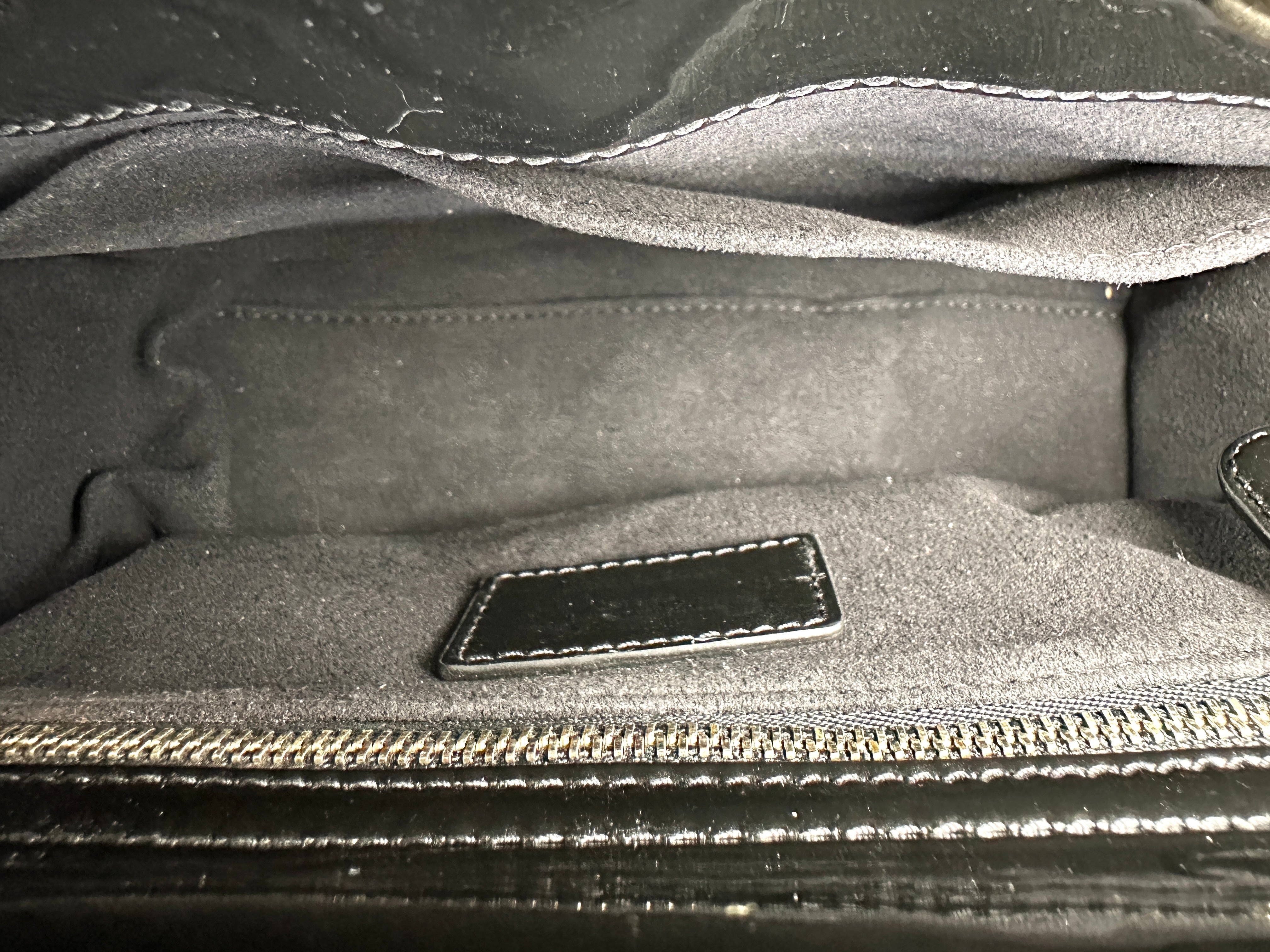 Christian Dior Lady Dior Black Cannage Patent Leather Handle Bag With Gold Charms DR757