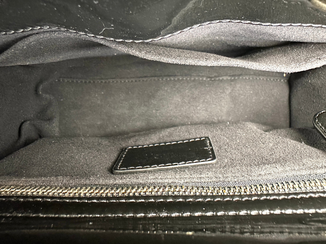 Christian Dior Lady Dior Black Cannage Patent Leather Handle Bag With Gold Charms DR757