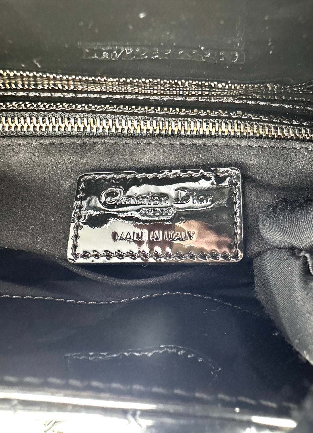 Christian Dior Lady Dior Black Cannage Patent Leather Handle Bag With Gold Charms DR757