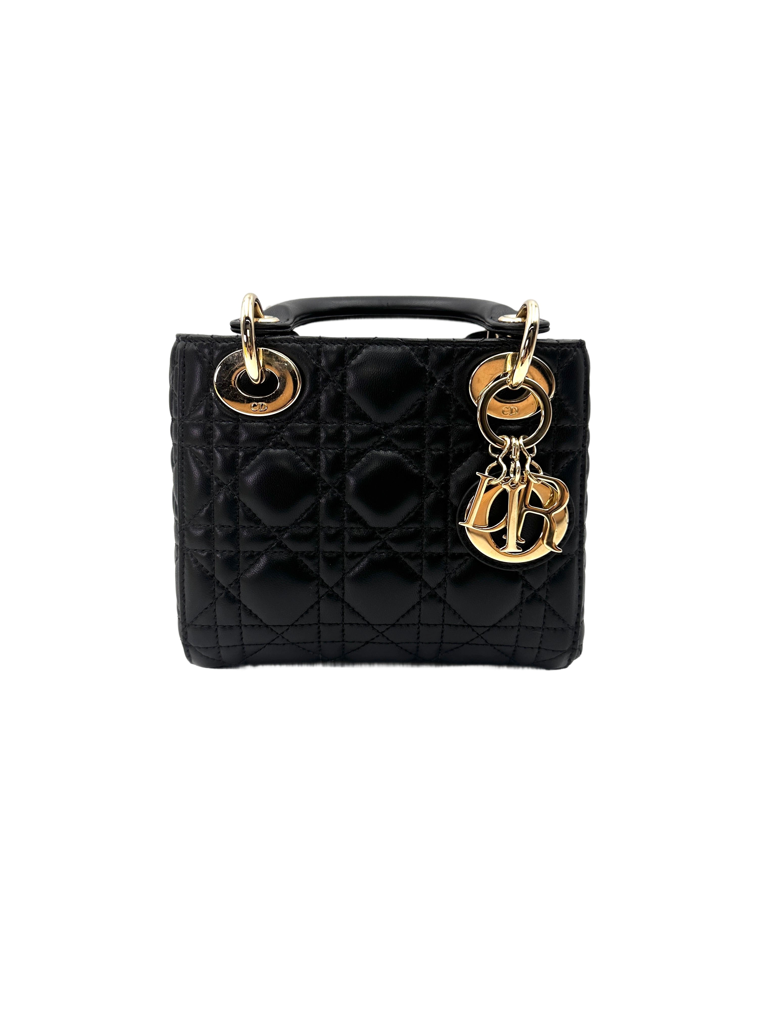 Christian Dior Lady Dior Black Cannage Leather Handle Bag With Silver Charms DR760