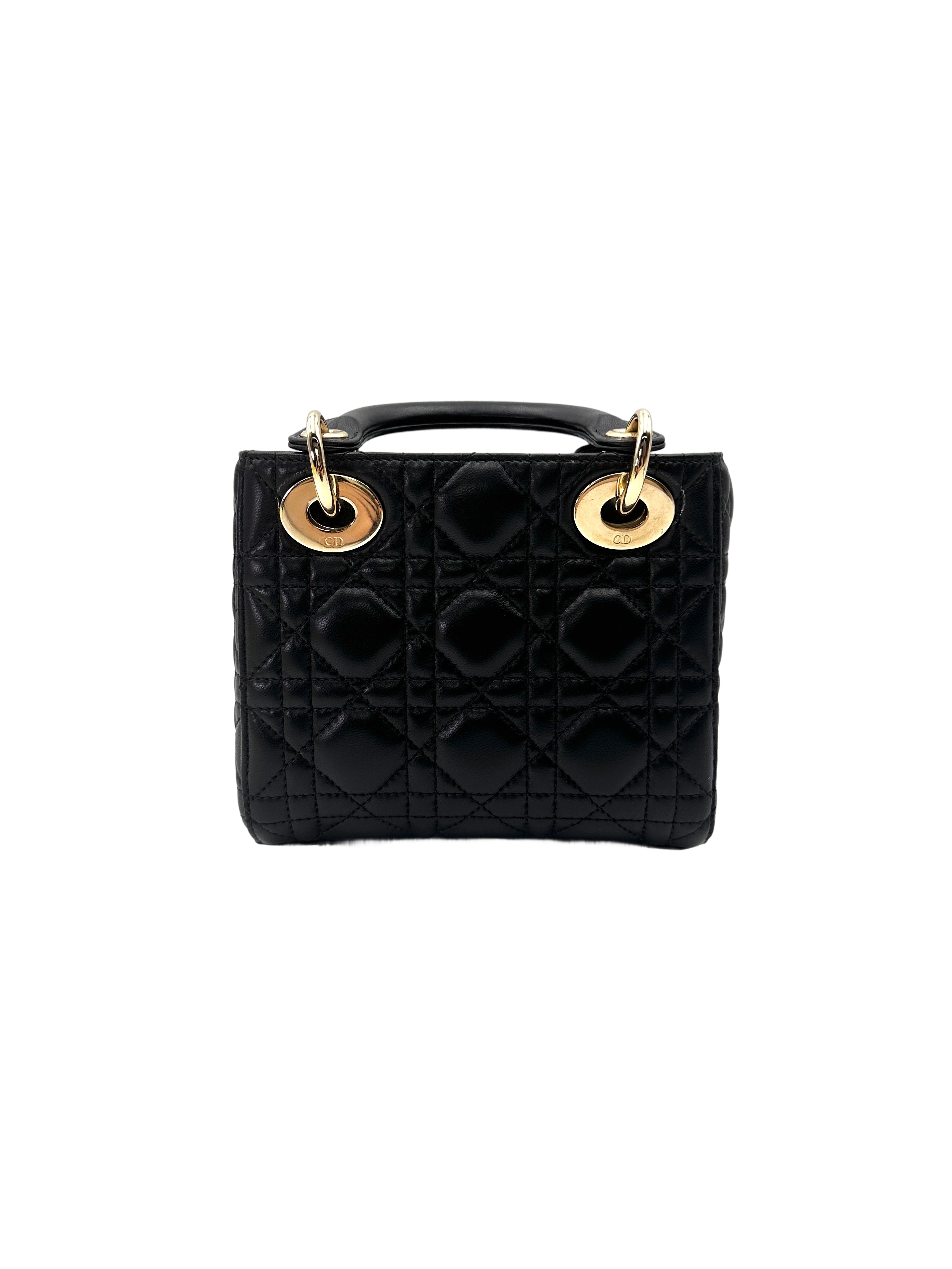 Christian Dior Lady Dior Black Cannage Leather Handle Bag With Silver Charms DR760
