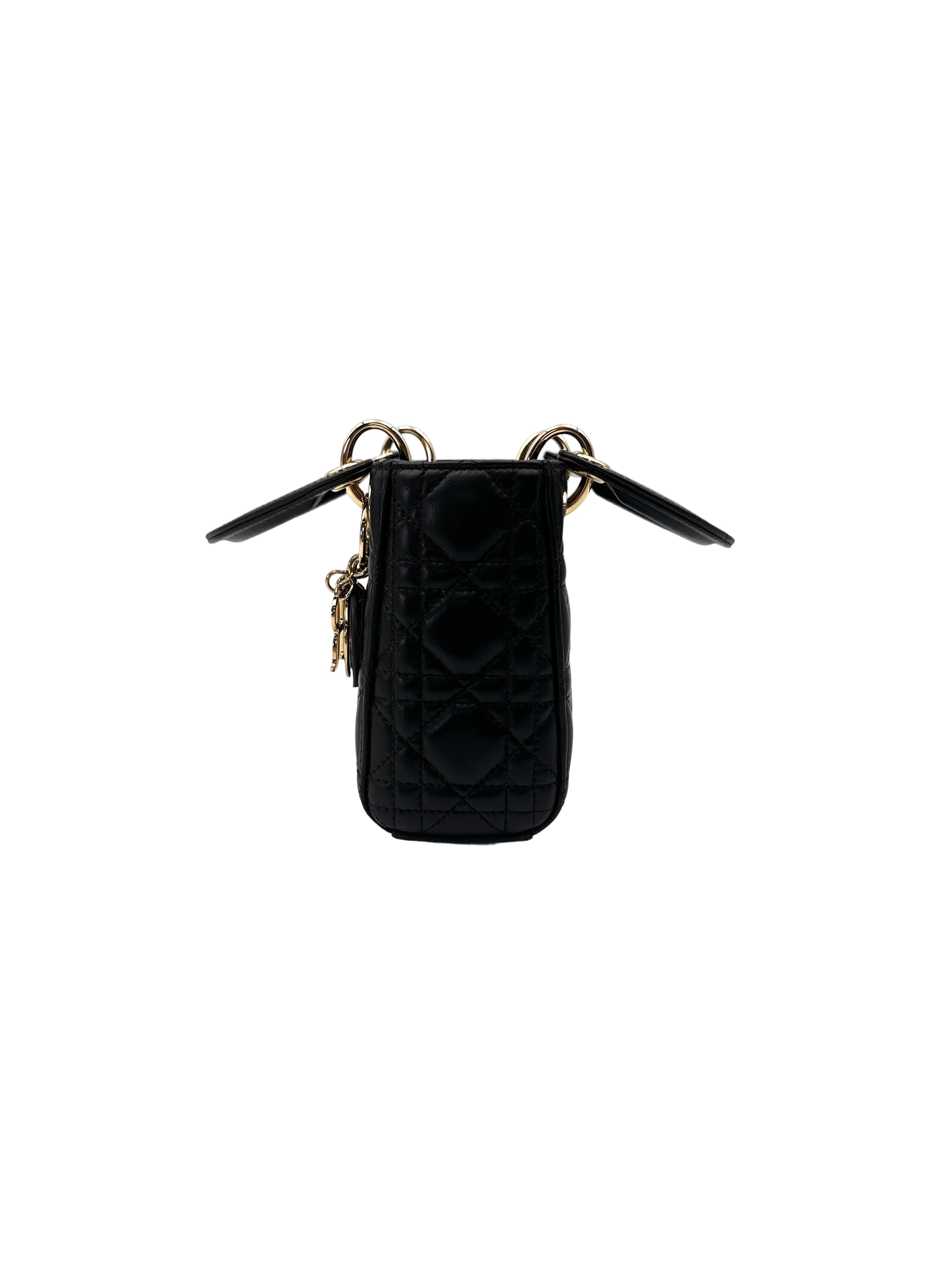 Christian Dior Lady Dior Black Cannage Leather Handle Bag With Silver Charms DR760